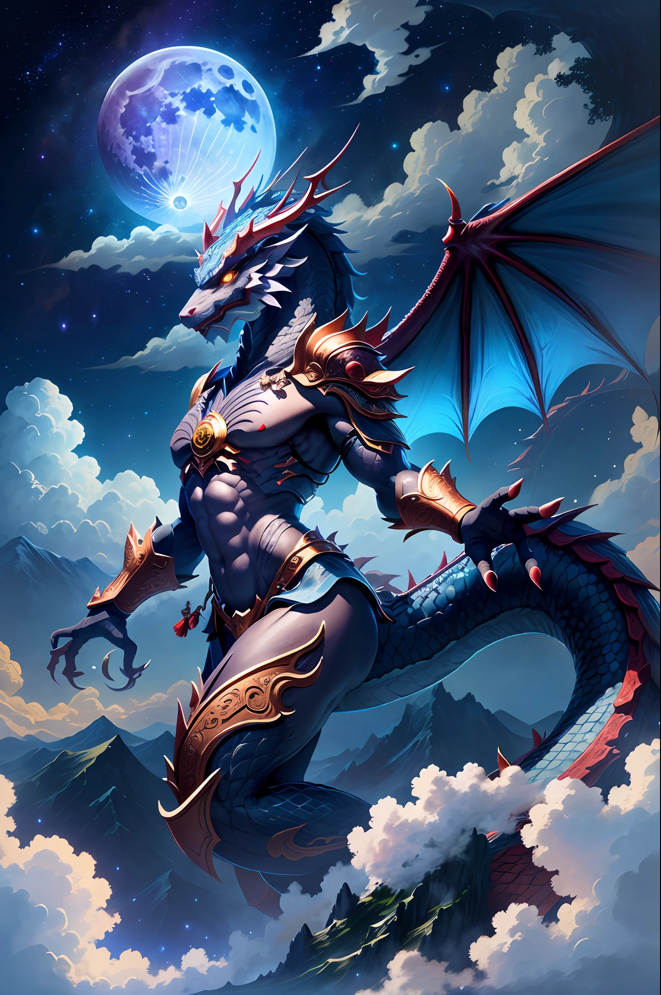 (Ying Dragon God), (Through the Clouds), (Top of the Mountains), (Complex), (Super Detail), (Starry Sky Background), (Stout Limbs), (Moon Night), (Ultra Clear), (Best Quality)