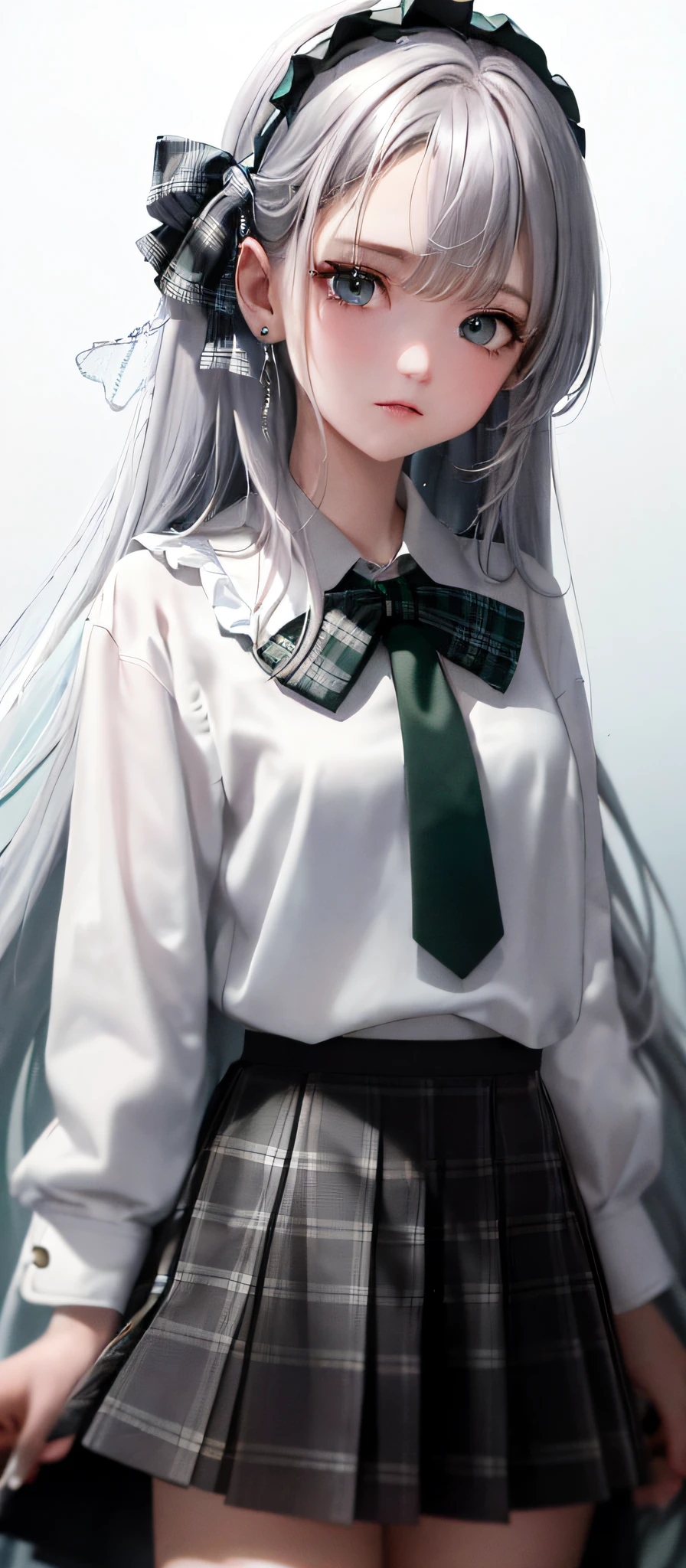 8k, ultra high definition, 1girl, (masterpiece:1.1), (best quality:1.1), (white blouse:1.1), (plaid skirt:1.1), school uniform, high-waisted skirt, ultra-high resolution face, detailed eyes, break [blue:pink:0.5] theme, (gradient background: 1.1 ), cowboy shot, break silver hair, long hair,, green eyes, delicate headgear, sideways,