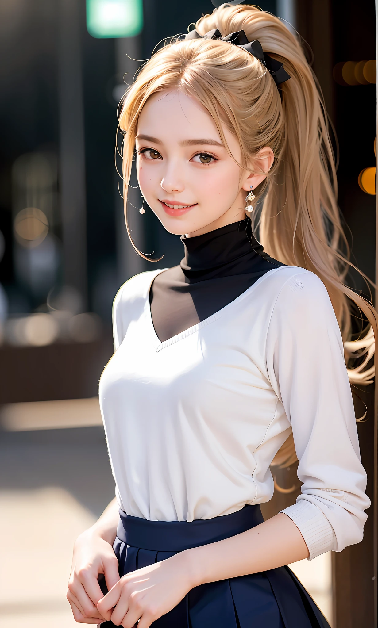 (8k, RAW photos, best quality, High resolution: 1.1), (surreal: 1.4), (realistic, realistic: 1.3), soft light, girl, realistic face, realistic body, realistic skin, ridiculous, masterpiece, model, (cute: 1.8), cute, solo, (: 1.2), detailed black eyes, innocent eyes, blush, (dress conservatively: 1.2), movie lights, film grains, jewelry, earrings, ((princess hairstyle: 1.1)), ((floating hair nova frog style)), loose turtleneck top, school uniform top, sailor uniform, school uniform shorts, cherry lips, headband, hair bow, large bow on chest, ponytail, viewer, open lips, upper teeth, lower abdomen, (smiling eyes: 0.6), (grinning: 1.2)), depth of field, blurred background, eye focus, bokeh, young, 85mm lens, f/1.4, professional lighting, young, photon mapping, radiosity, physically based rendering,