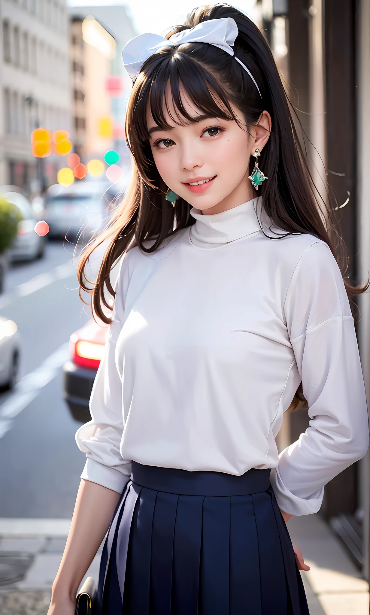 (8k, RAW photos, best quality, High resolution: 1.1), (surreal: 1.4), (realistic, realistic: 1.3), soft light, girl, realistic face, realistic body, realistic skin, ridiculous, masterpiece, model, (cute: 1.8), cute, solo, (: 1.2), detailed black eyes, innocent eyes, blush, (dress conservatively: 1.2), movie lights, film grains, jewelry, earrings, ((princess hairstyle: 1.1)), ((floating hair nova frog style)), loose turtleneck top, school uniform top, sailor uniform, school uniform shorts, cherry lips, headband, hair bow, large bow on chest, ponytail, viewer, open lips, upper teeth, lower abdomen, (smiling eyes: 0.6), (grinning: 1.2)), depth of field, blurred background, eye focus, bokeh, young, 85mm lens, f/1.4, professional lighting, young, photon mapping, radiosity, physically based rendering,
