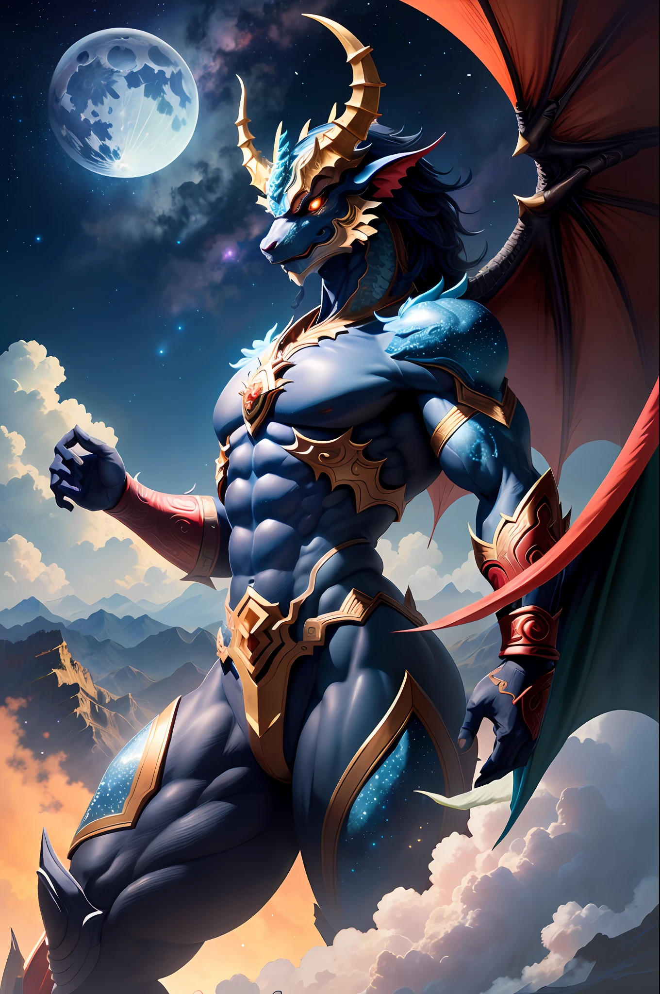 (Ying Dragon God), (Through the Clouds), (Top of the Mountains), (Complex), (Super Detail), (Starry Sky Background), (Stout Limbs), (Moon Night), (Ultra Clear), (Best Quality)