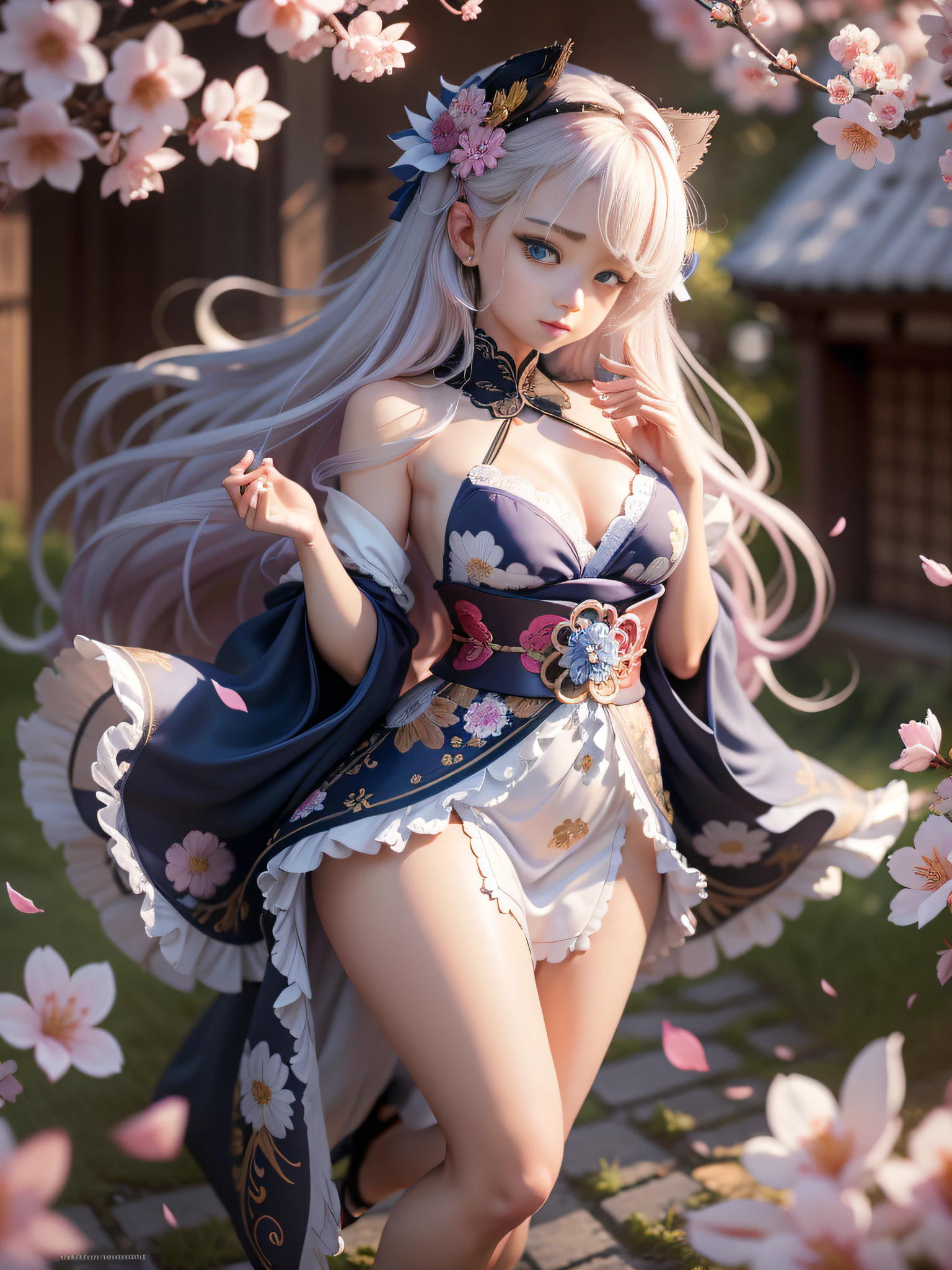 full body,full shot,sfw,russian goddess princess girl in the image of a geisha with big bright blue eyes and long fluffy eyelashes Nordic type with a perfect graceful figure and very long and fluffy wavy hair of bright wheat colour stands in full growth on the alley against the background of blooming Japanese pink sakura in Japanese kimono colour bright navy blue and Japanese shoes gane colour bright navy blue, Girl's lace kimono with intricate patterns with frank cutouts ultra short frankly sexy, Small breasts with protruding are viewable through the fabric and in the girl's ears are beautiful long delicate ear-rings with precious sapphires that shimmer and sparkle in the light The ground on which the girl stands is lavishly strewn with cherry petals, the scene is highly artistic, high resolution, sharp focus, artistic style Migjorni-V5, hyperphotorealism, perfect proportions, golden ratio photo, flare, outline, sunlight, soft glow, soft focus, photography style soft focus through a Monocle lens.
