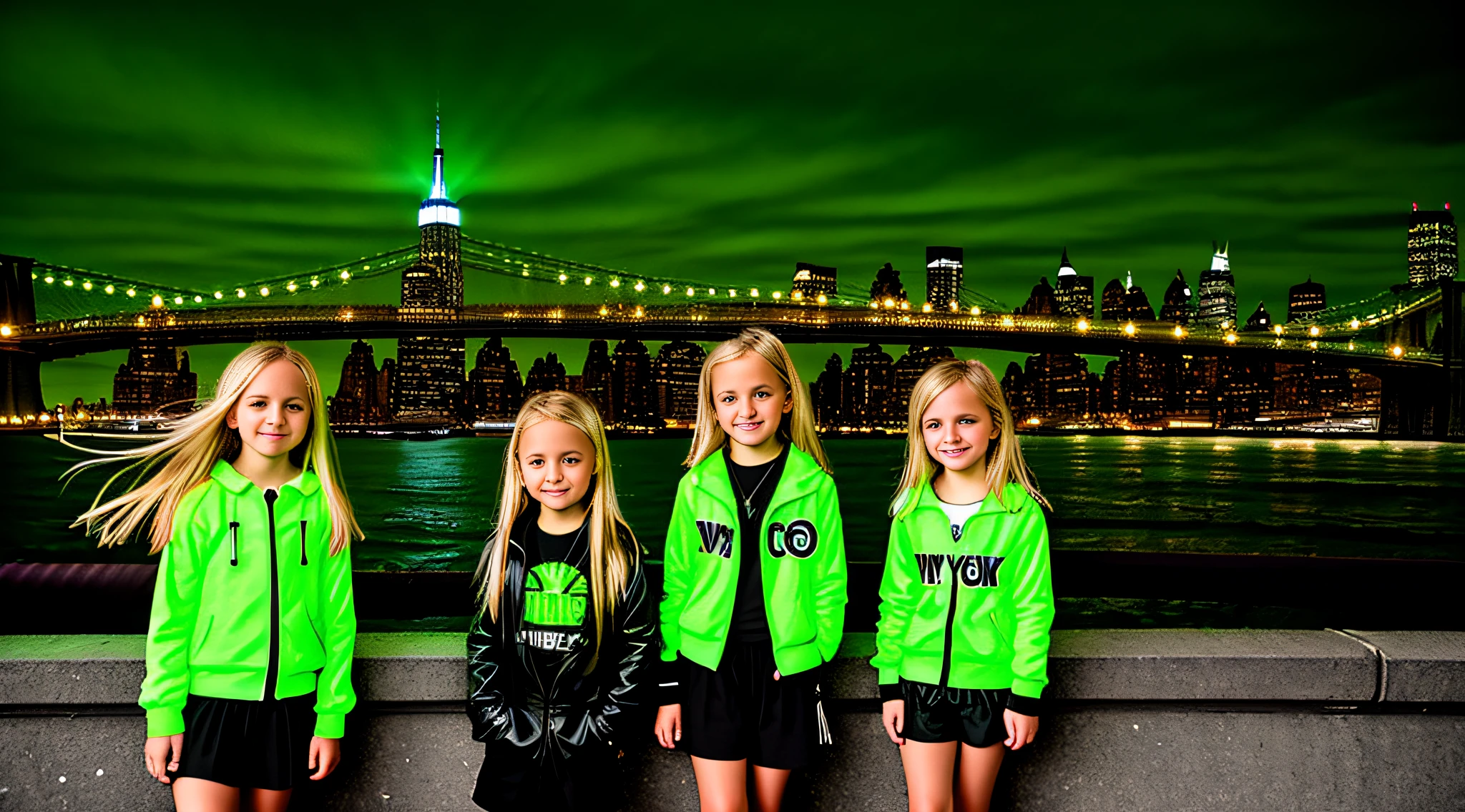 3 kids girls WITH STRAIGHT BLONDE HAIR, CLOTHES. PORTRAT STYLE, image of a city skyline with a bridge and a green glow, detalized background of new york, green glow, ny, green glow, brooklyn background, green ambient light, new york background, new york city background, bright green, radioactive glow green, neon green, sickening green colors, gotham city background, new york city as a backdrop, New York