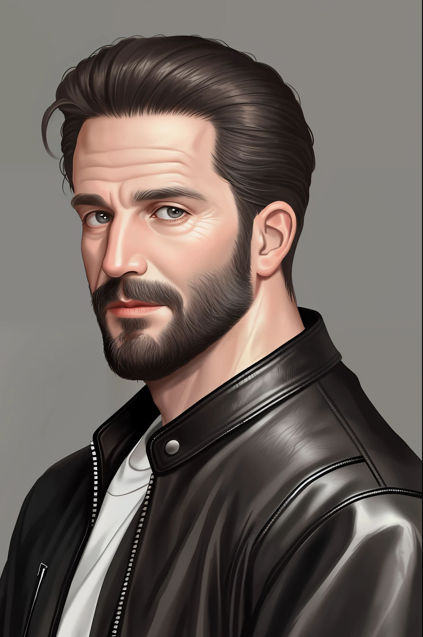 there is a man with a beard and a leather jacket, profile image, photo of a 50-year-old white man, 5 0 years old man, 45 years old men, profile picture, he is about 6 0 years old, he is about 60 years old, profile photo, philippe dru, dark grey haired man, solo 3 / 4 portait
