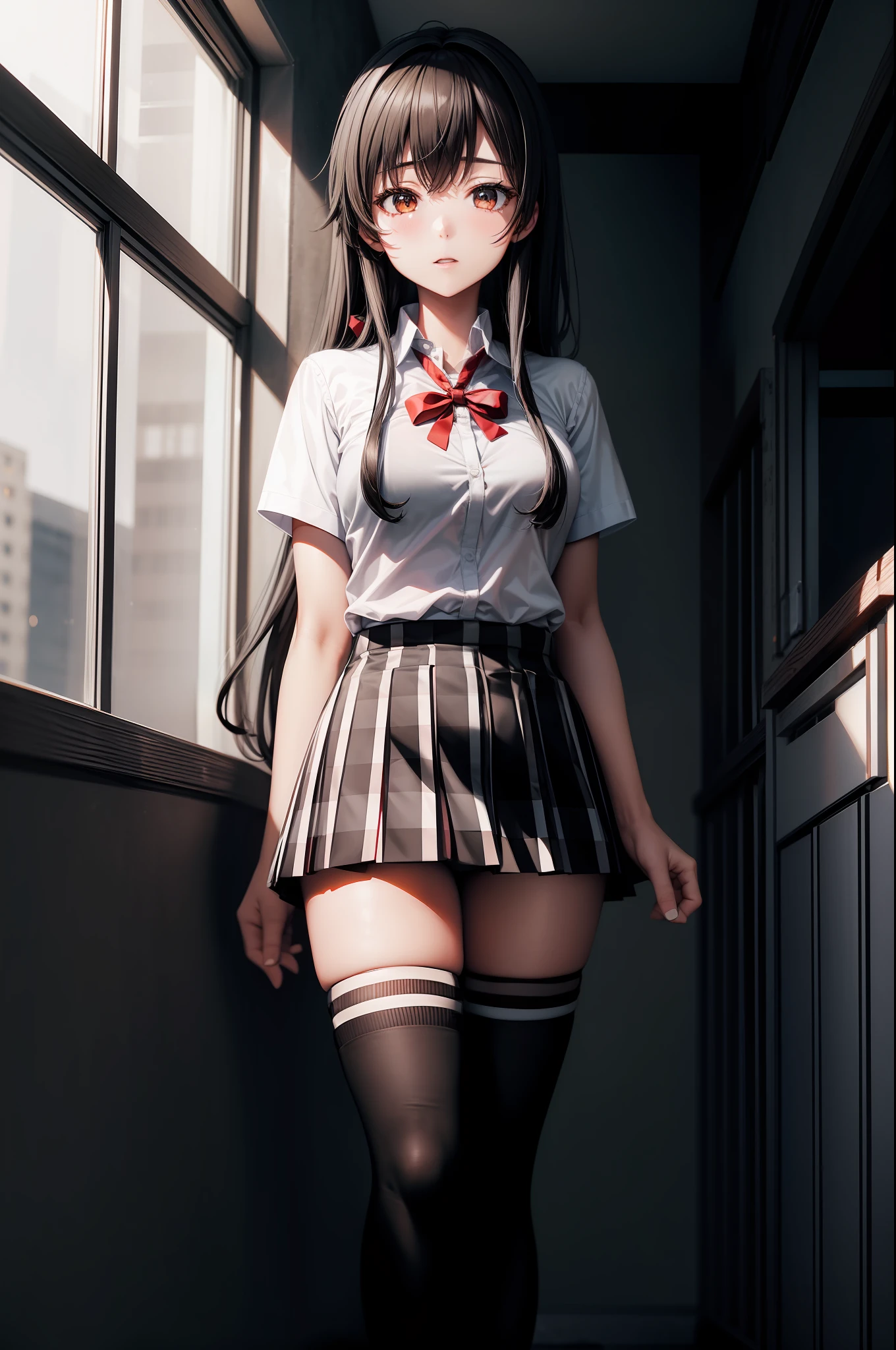 masterpiece, 1girl, solo, yukino yuknoshita, school uniform, white shirt, plaid miniskirt, red bowtie, (black knee high socks:1.5), absolute territory, standing