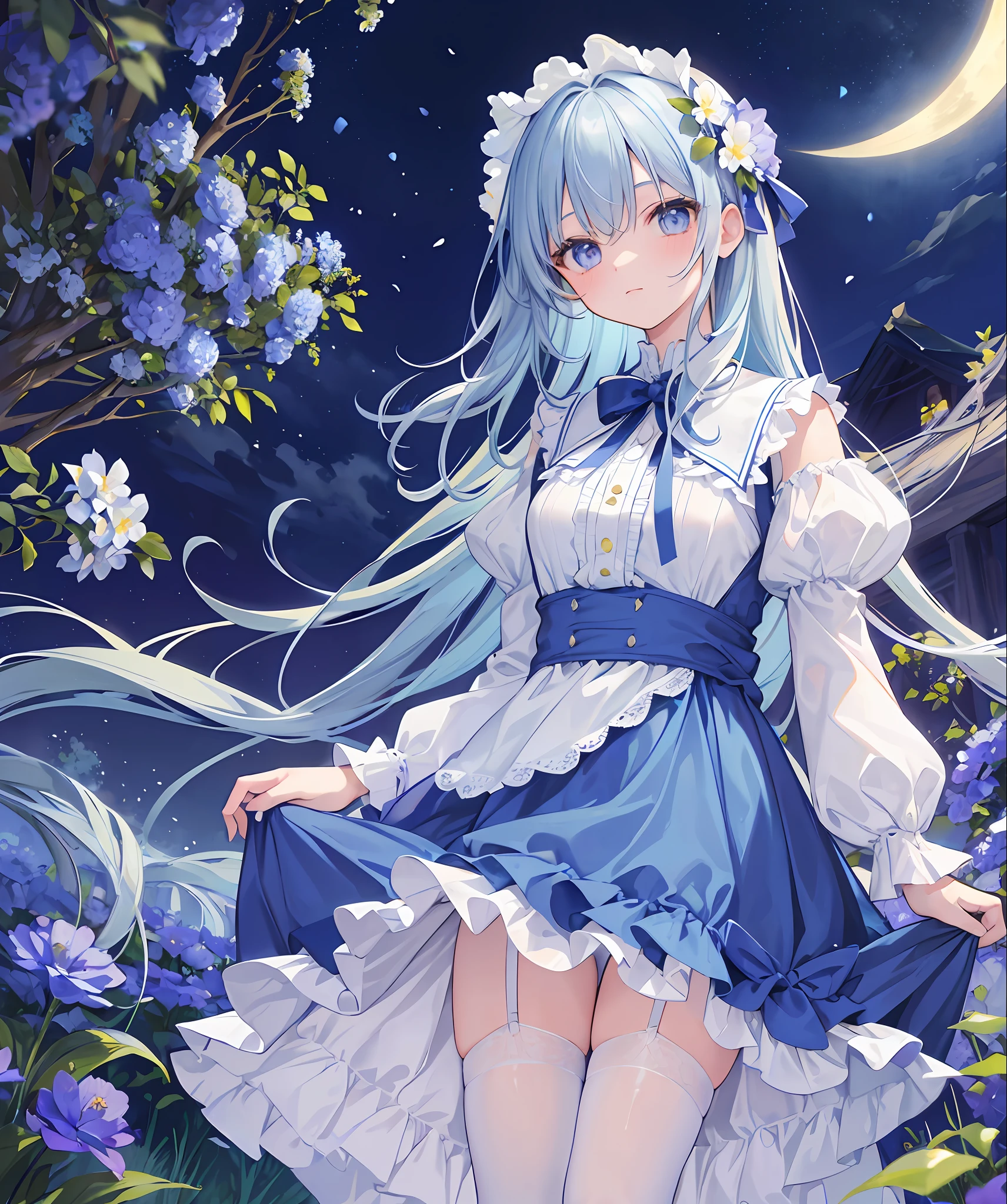 (masterpiece, top quality), a field of blue plants and flowers, golden hair of medium length, warm moonlight, blurred foreground, riverbanks, strange eyes, ruffles, light blue Alice dress, white tights, garter belt, schia ...