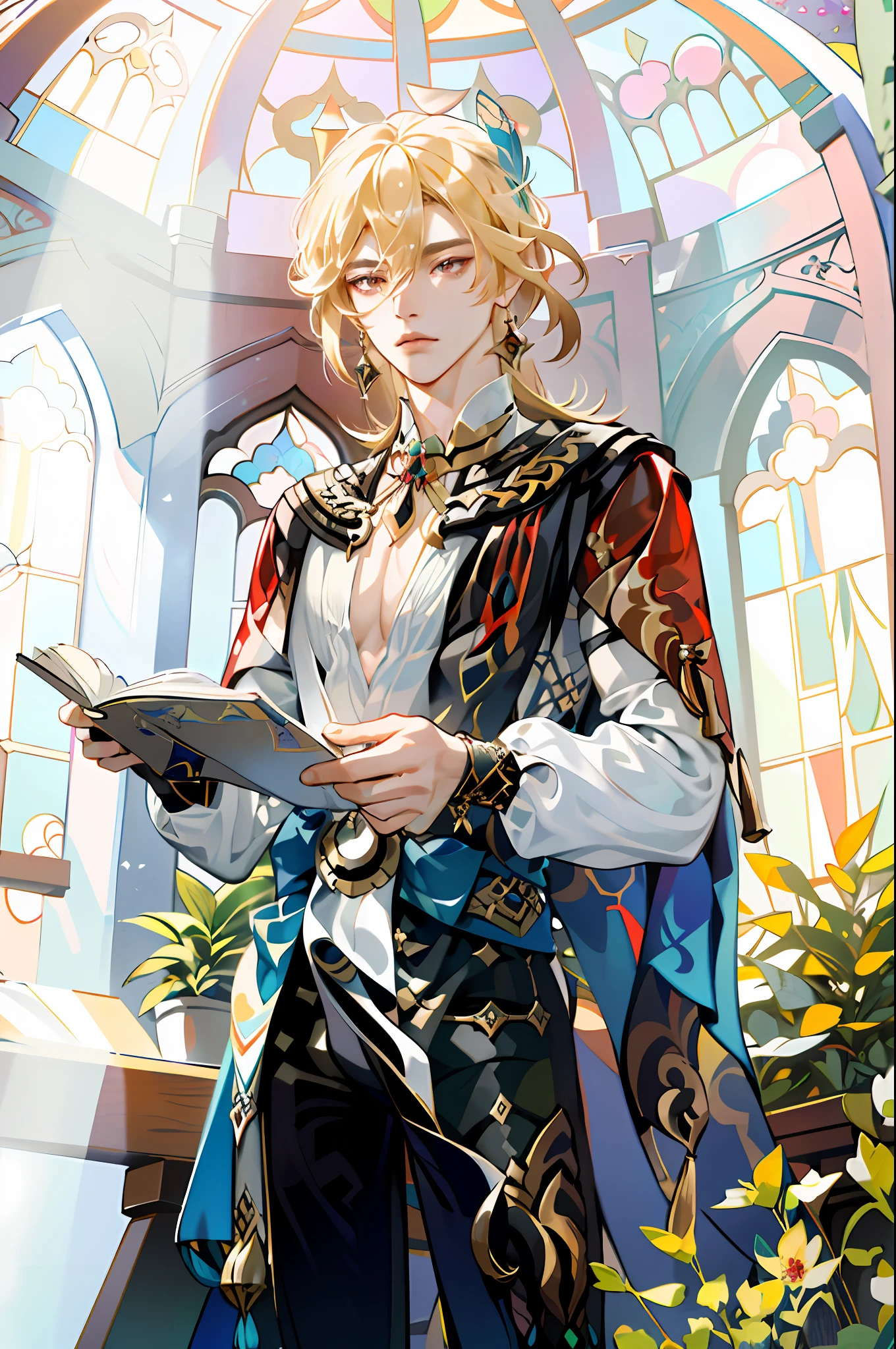absurdres, highres, ultra detailed, kaveh (genshin impact), 1boy, male focus, solo, blonde hair, hair ornament, jewelry, long hair, red eyes, earrings, feather hair ornament, outside in a gazebo with stained glass walls, colorful flowers, sunny day, colored rays of sun from the stained glass