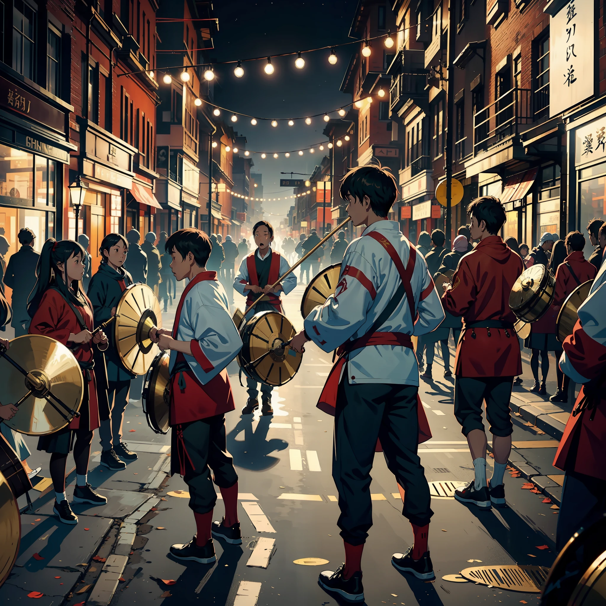 A group of people banging gongs and drums in the streets