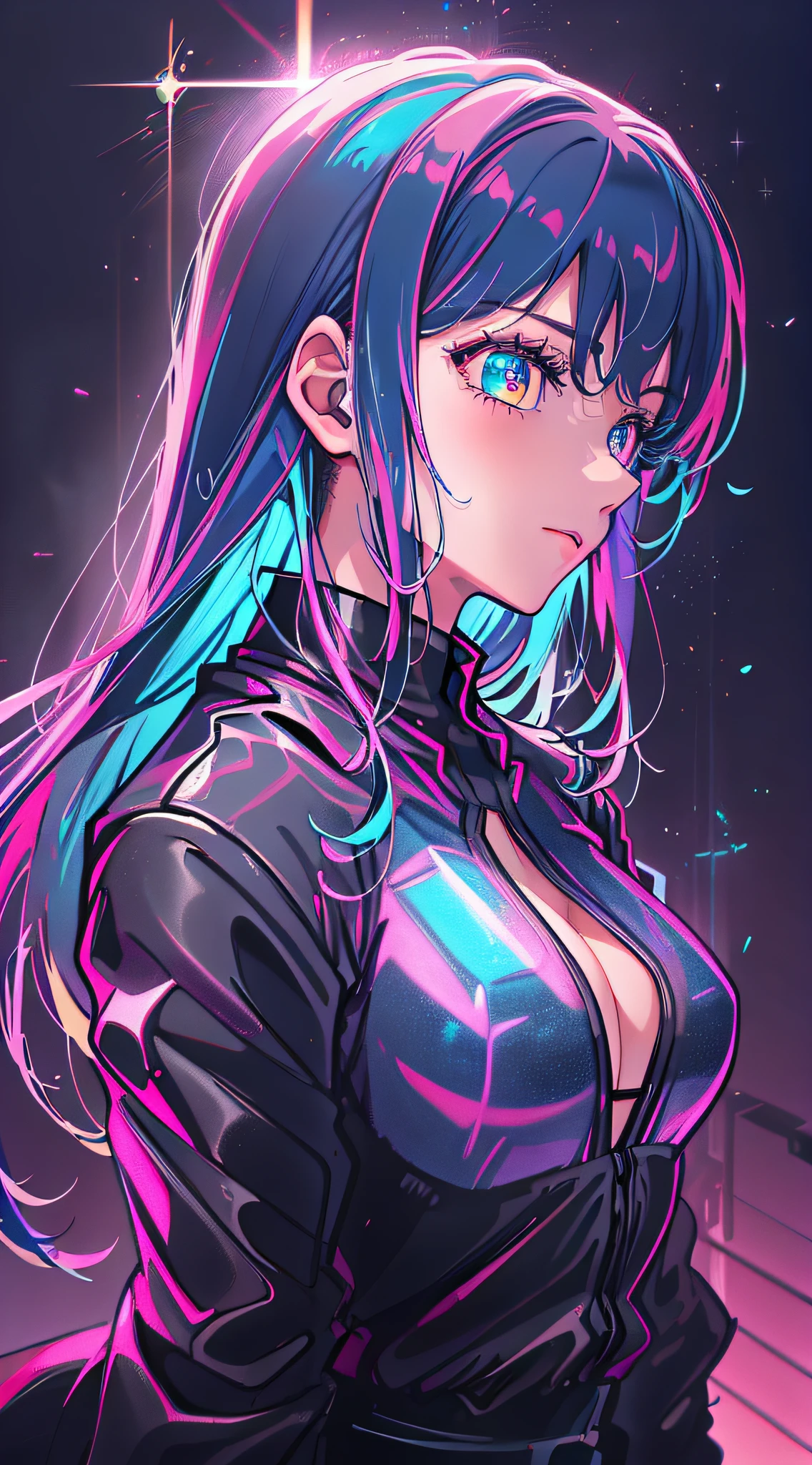 Masterpieces: 1.3), (Beautiful: 1.2), (Best Quality: 1.2), (Details: 1.2), (Official Art: 1.2), (Beautiful Eyes, Glowing Eyes, Heterochromia: 1.5), Solo, 1girl, (Iridescent Hair, Colorful Hair, Half Blue and Half Pink Hair: 1.2) Shiny Hair, Blushing, Embarrassing, (Angel Halo: 1.3), Dynamic Pose, Wearing a Black Business Suit, Best Detail, Bright Eyes, Medium Bright, Neon Cold Lighting, Retro Future, Vaporwave,
