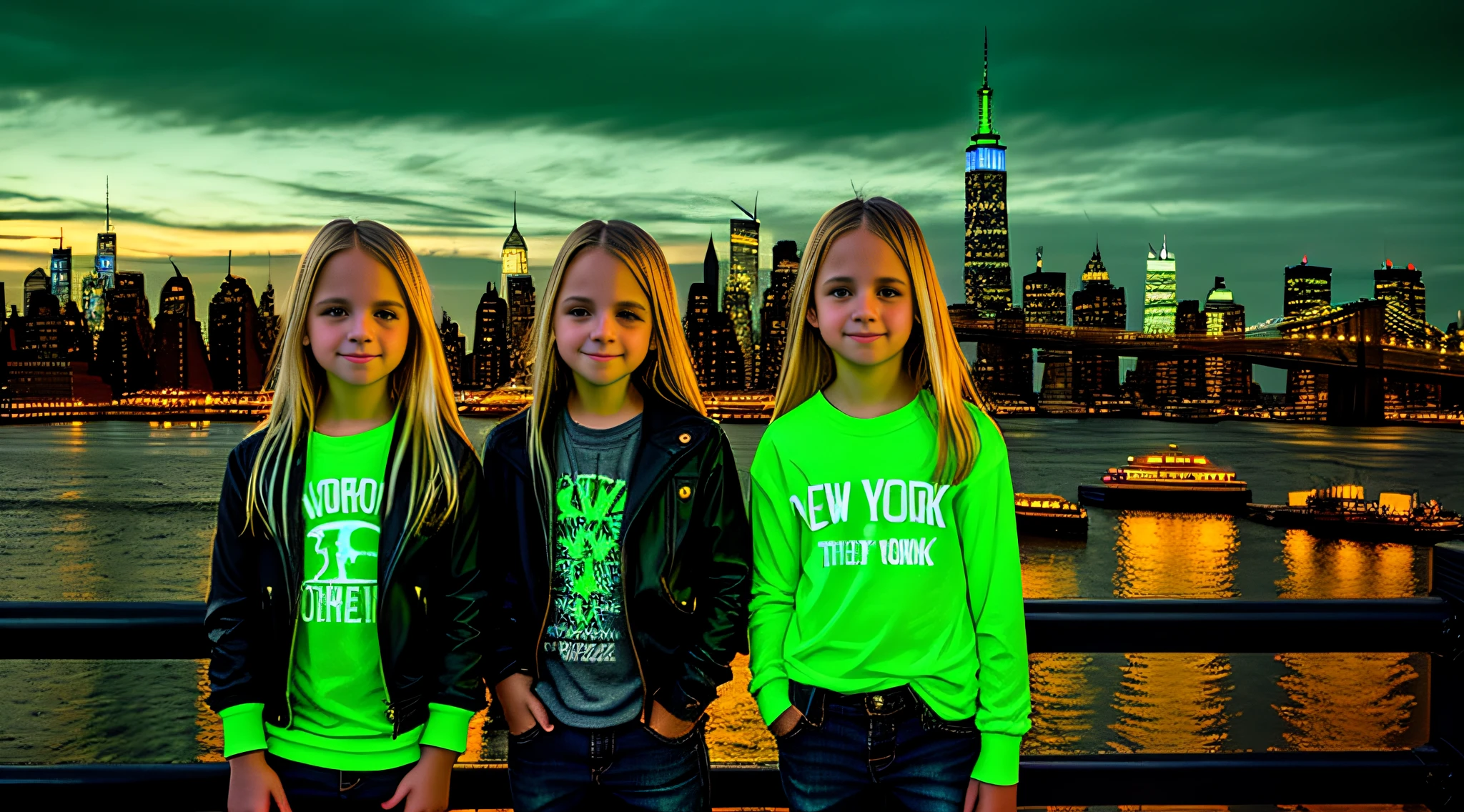 3 girls WITH STRAIGHT BLONDE HAIR, CLOTHES. PORTRAT STYLE, image of a city skyline with a bridge and a green glow, detalized background of new york, green glow, ny, green glow, brooklyn background, green ambient light, new york background, new york city background, bright green, radioactive glow green, neon green, sickening green colors, gotham city background, new york city as a backdrop, New York