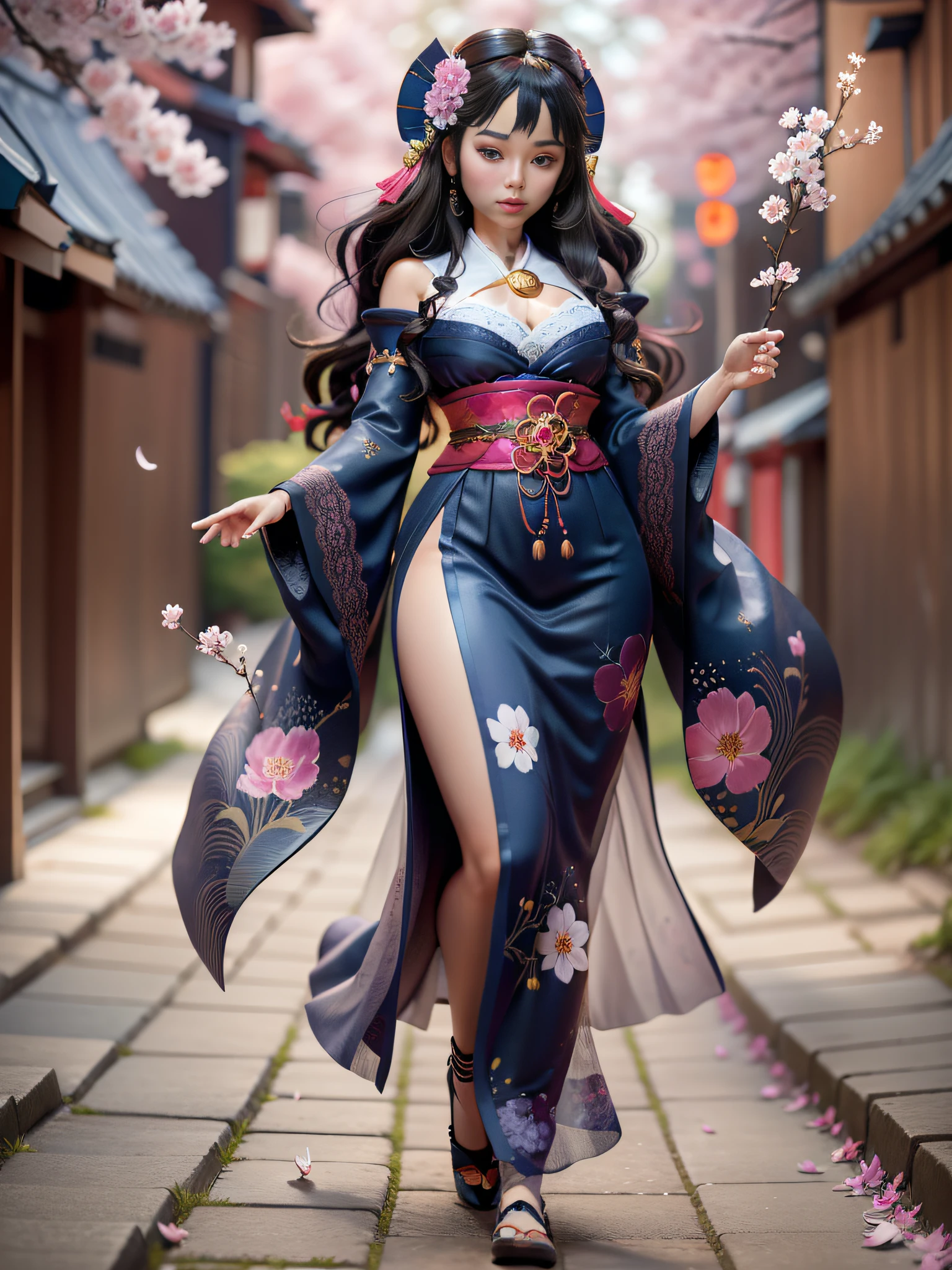 full body,full shot,sfw,russian goddess princess girl in the image of a geisha with big bright blue eyes and long fluffy eyelashes Nordic type with a perfect graceful figure and very long and fluffy wavy hair of bright wheat colour stands in full growth on the alley against the background of blooming Japanese pink sakura in Japanese kimono colour bright navy blue and Japanese shoes gane colour bright navy blue, Girl's lace kimono with intricate patterns with frank cutouts ultra short frankly sexy, Small breasts with protruding are viewable through the fabric and in the girl's ears are beautiful long delicate ear-rings with precious sapphires that shimmer and sparkle in the light The ground on which the girl stands is lavishly strewn with cherry petals, the scene is highly artistic, high resolution, sharp focus, artistic style Migjorni-V5, hyperphotorealism, perfect proportions, golden ratio photo, flare, outline, sunlight, soft glow, soft focus, photography style soft focus through a Monocle lens.