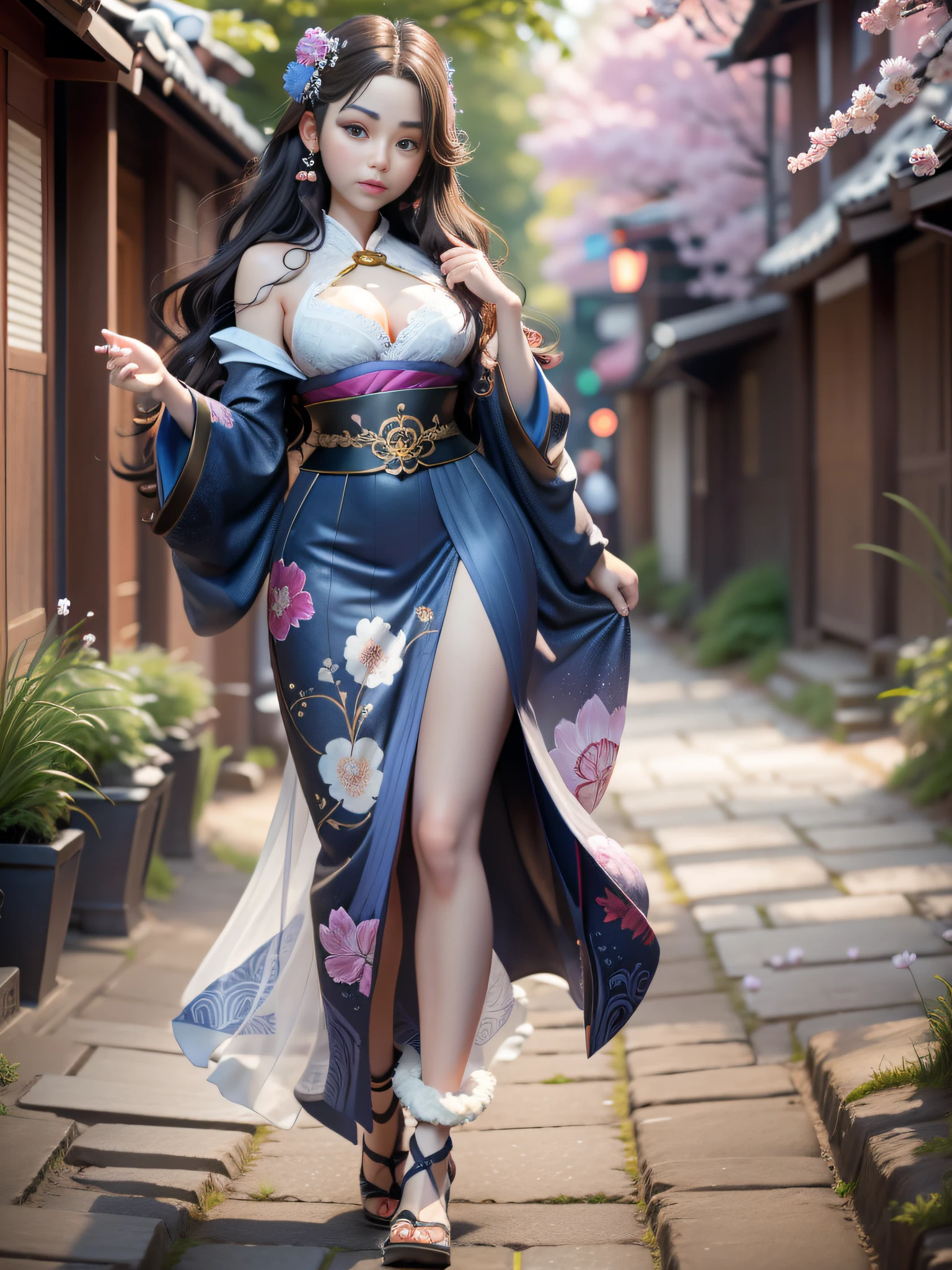 full body,full shot,sfw,russian goddess princess girl in the image of a geisha with big bright blue eyes and long fluffy eyelashes Nordic type with a perfect graceful figure and very long and fluffy wavy hair of bright wheat colour stands in full growth on the alley against the background of blooming Japanese pink sakura in Japanese kimono colour bright navy blue and Japanese shoes gane colour bright navy blue, Girl's lace kimono with intricate patterns with frank cutouts ultra short frankly sexy, Small breasts with protruding are viewable through the fabric and in the girl's ears are beautiful long delicate ear-rings with precious sapphires that shimmer and sparkle in the light The ground on which the girl stands is lavishly strewn with cherry petals, the scene is highly artistic, high resolution, sharp focus, artistic style Migjorni-V5, hyperphotorealism, perfect proportions, golden ratio photo, flare, outline, sunlight, soft glow, soft focus, photography style soft focus through a Monocle lens.