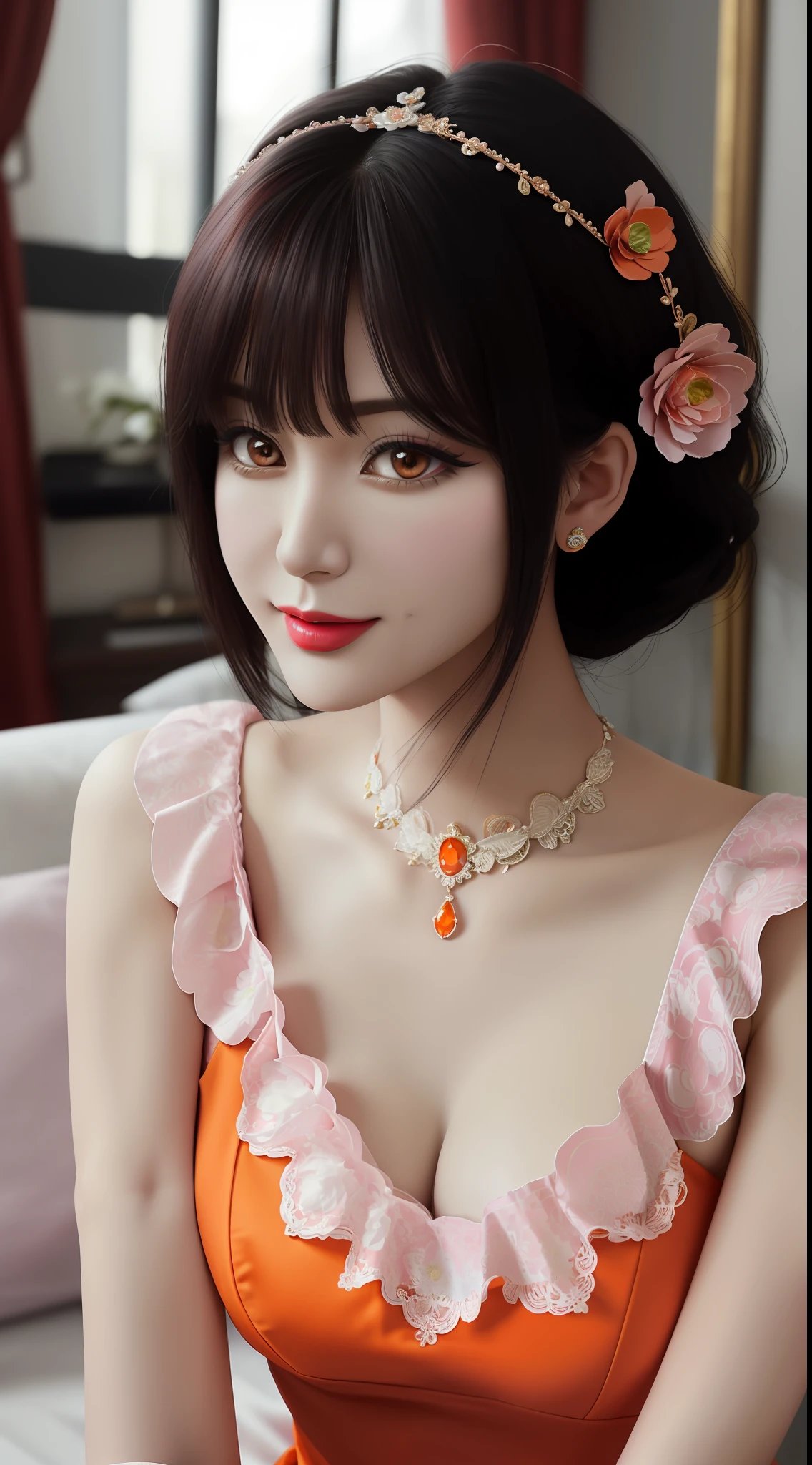 1 beautiful mature girl, looking at viewer, upper body, realistic,real girl, gentle girl, Girly, smooth pink and white skin, Front bangs, large breasts and round, excessively frilled princess dress, draped clothes, flawless face, jewelry, high nose, ornament, flower, lace trim, beautiful big and round orange eyes, sharp eyebrows, very sharp and detailed peacock eyelashes and makeup,orange red lipstick, Smile without opening your lips, long silky black hair and jewelry clips, masterpiece, best quality, 8k, detailed skin texture, detailed cloth texture, beautiful detailed face, intricate details, ultra detailed, rim lighting, side lighting, cinematic light, ultra high res, 8k uhd, film grain,best shadow, delicate, RAW photo, detailed and clear images, extremely sharp images,