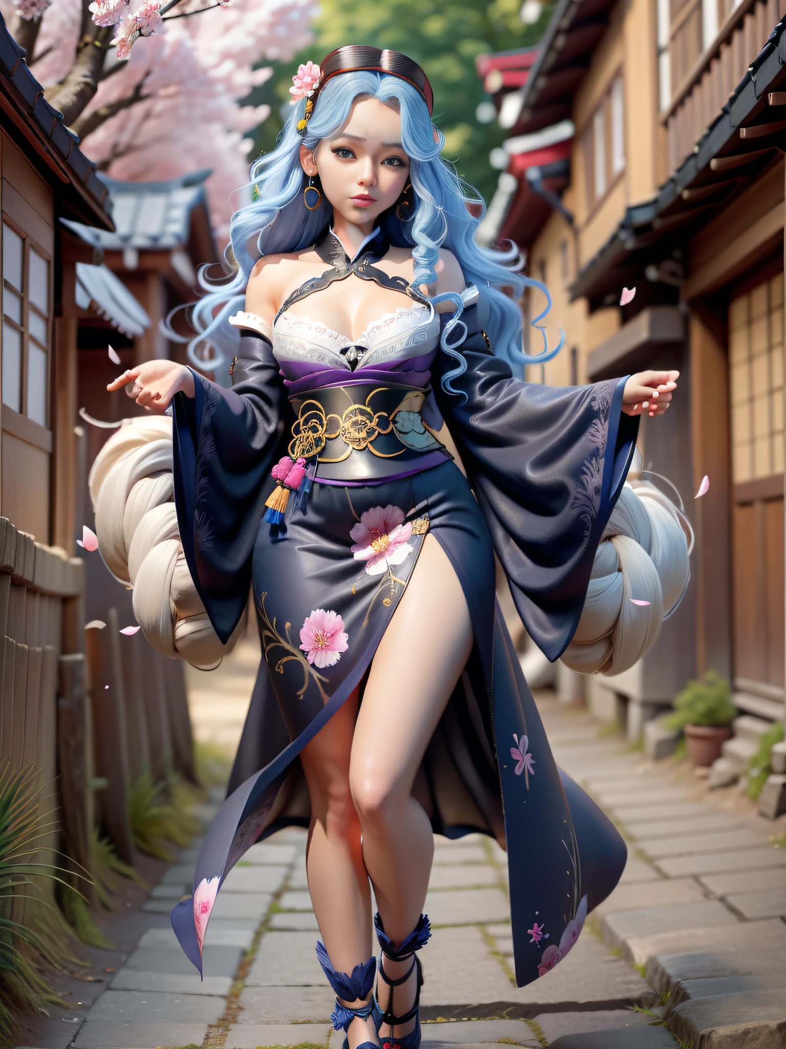 full body,full shot,sfw,russian goddess princess girl in the image of a geisha with big bright blue eyes and long fluffy eyelashes Nordic type with a perfect graceful figure and very long and fluffy wavy hair of bright wheat colour stands in full growth on the alley against the background of blooming Japanese pink sakura in Japanese kimono colour bright navy blue and Japanese shoes gane colour bright navy blue, Girl's lace kimono with intricate patterns with frank cutouts ultra short frankly sexy, Small breasts with protruding are viewable through the fabric and in the girl's ears are beautiful long delicate ear-rings with precious sapphires that shimmer and sparkle in the light The ground on which the girl stands is lavishly strewn with cherry petals, the scene is highly artistic, high resolution, sharp focus, artistic style Migjorni-V5, hyperphotorealism, perfect proportions, golden ratio photo, flare, outline, sunlight, soft glow, soft focus, photography style soft focus through a Monocle lens.