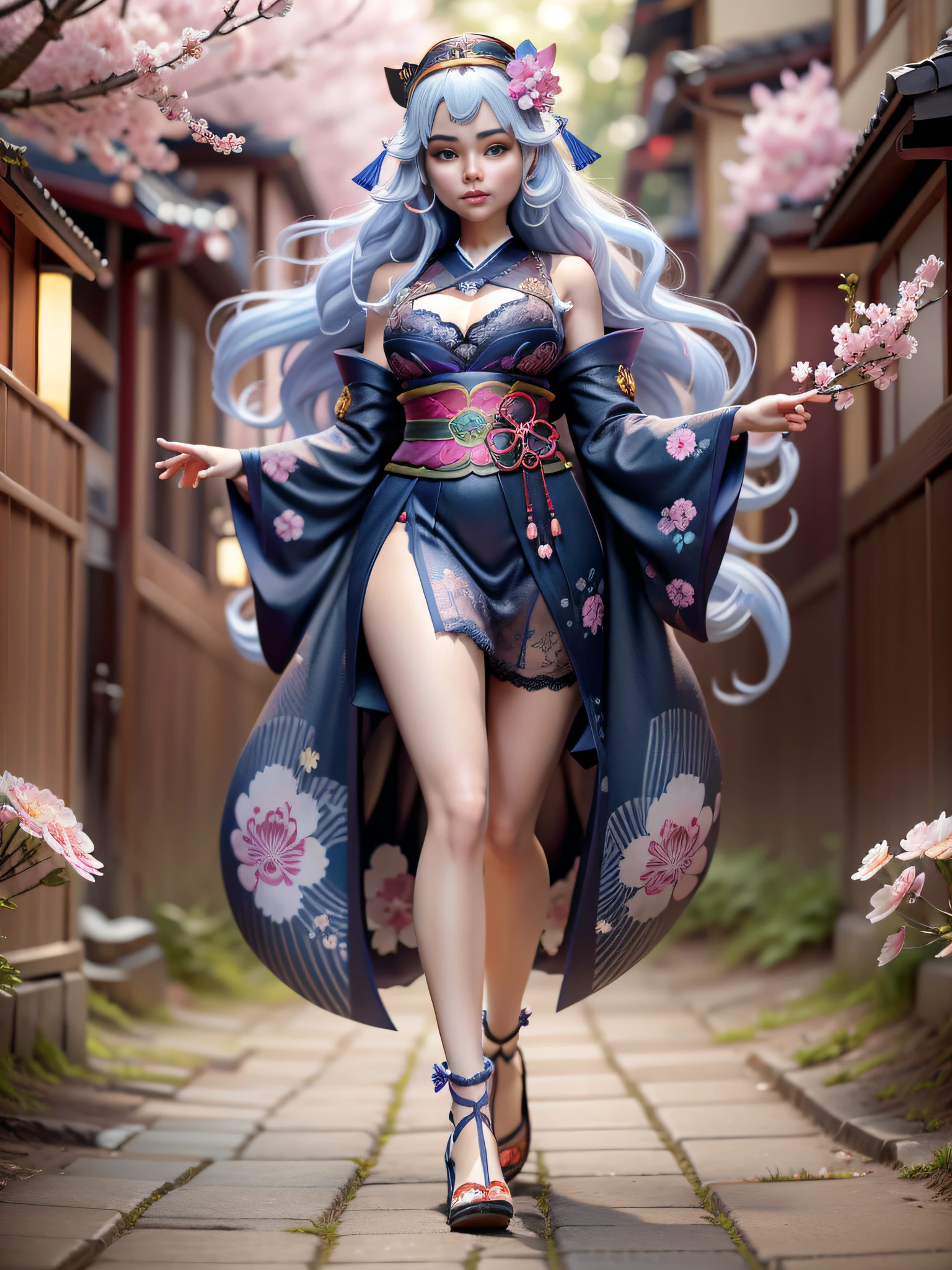 full body,full shot,sfw,russian goddess princess girl in the image of a geisha with big bright blue eyes and long fluffy eyelashes Nordic type with a perfect graceful figure and very long and fluffy wavy hair of bright wheat colour stands in full growth on the alley against the background of blooming Japanese pink sakura in Japanese kimono colour bright navy blue and Japanese shoes gane colour bright navy blue, Girl's lace kimono with intricate patterns with frank cutouts ultra short frankly sexy, Small breasts with protruding are viewable through the fabric and in the girl's ears are beautiful long delicate ear-rings with precious sapphires that shimmer and sparkle in the light The ground on which the girl stands is lavishly strewn with cherry petals, the scene is highly artistic, high resolution, sharp focus, artistic style Migjorni-V5, hyperphotorealism, perfect proportions, golden ratio photo, flare, outline, sunlight, soft glow, soft focus, photography style soft focus through a Monocle lens.