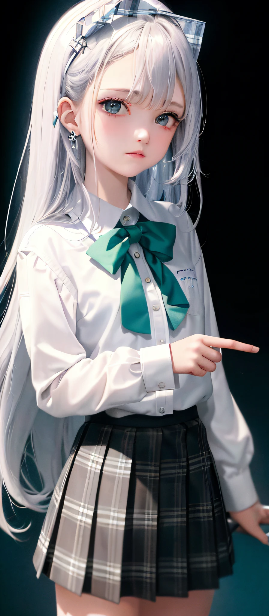 8k, ultra high definition, 1girl, (masterpiece:1.1), (best quality:1.1), (white blouse:1.1), (plaid skirt:1.1), school uniform, high-waisted skirt, ultra-high resolution face, detailed eyes, break [blue:pink:0.5] theme, (gradient background: 1.1 ), cowboy shot, break silver hair, long hair,, green eyes, delicate headgear, sideways,