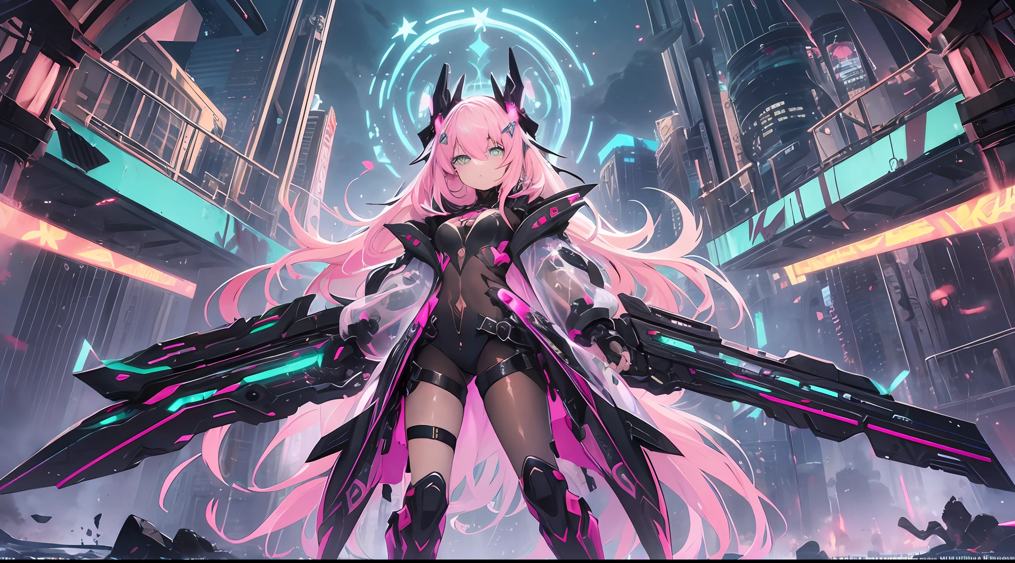 ((Masterpiece))) Full Body, Full Body Shot (One Girl) ((Pink Hair, Long Hair, Straight Hair, Both Sides Up))), ((Green Eyes))), Eyeshadow, Eyeliner, Glow Eye, Hyper Detail Eye, Complex Eyes, Beautiful Eyes, Detailed Eyes, (((Star-shaped pupils, glowing pink pupils))) 18 year old girls. (wearing a transparent jacket made of PVC material)) huge cool weapon machine in hand, huge cool weapon machine, mech, mechanism, machine, open stance, coalescing