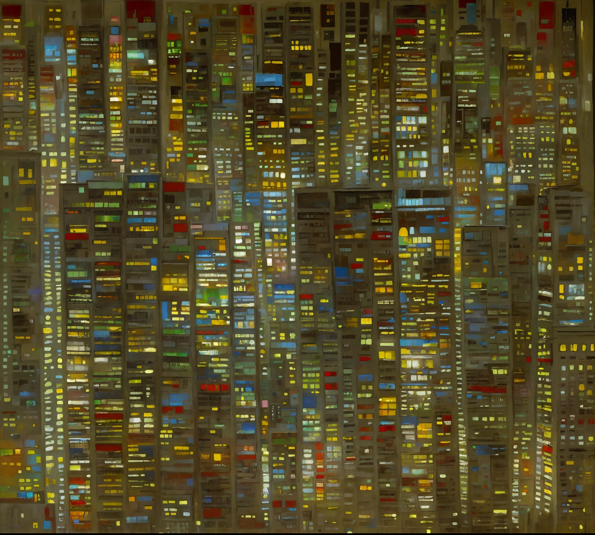 a close up of a painting of a city with a lot of windows, stained”, cityscape, detailed painting“, tectonic cityscape, inspired by Henri Le Sidaner, by Alma Thomas, by Norman Lewis, golden cityscape, alvin schwartz, texture city at night, synthetic polymer paint on linen, new york, abstract composition, in oil”, inspired by Mark Tobey