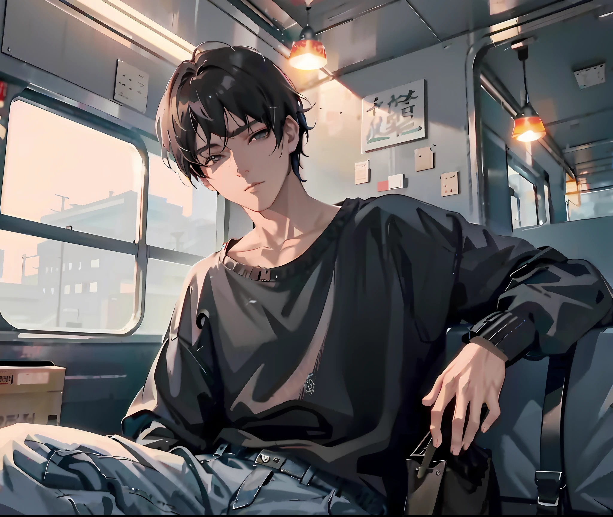 there is a man sitting on a train with a bag, artwork in the style of guweiz, guweiz, lofi portrait, anime style. 8k, with short hair, anime realism style, anime boy, lofi artstyle, realistic anime artstyle, male anime style, high quality portrait, anime style 4 k, realistic anime 3 d style