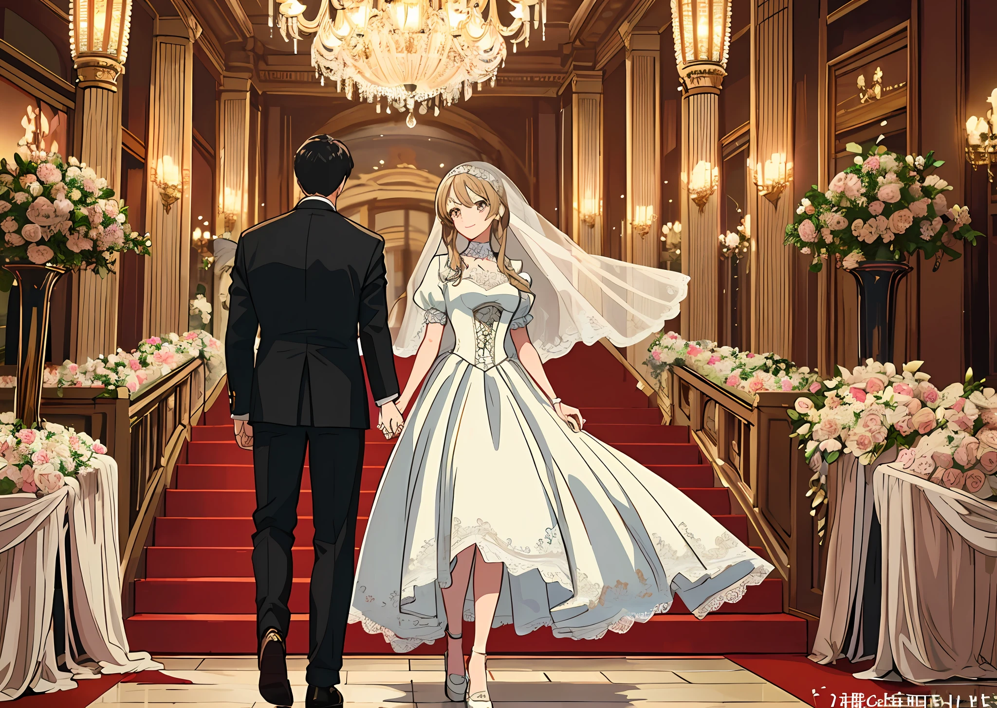 The additional drawing tags are as follows:
1. Character characteristics: two-dimensional, female, long hair, sweet smile, bright and gentle eyes
2. Clothing and accessories: wedding dress, white, high heels, gorgeous, sophisticated design, soft material, pleats, corset, wide skirt, lace, shiny embellishments
3. Atmosphere and emotions: romance, elegance, happiness, joy, love, confidence
4. Scenes: wedding, banquet hall, chandeliers, decorations
5. Art style: two-dimensional style, illustration style
These tags more accurately describe the scenes and elements you are describing to provide more accurate results when searching for relevant images.