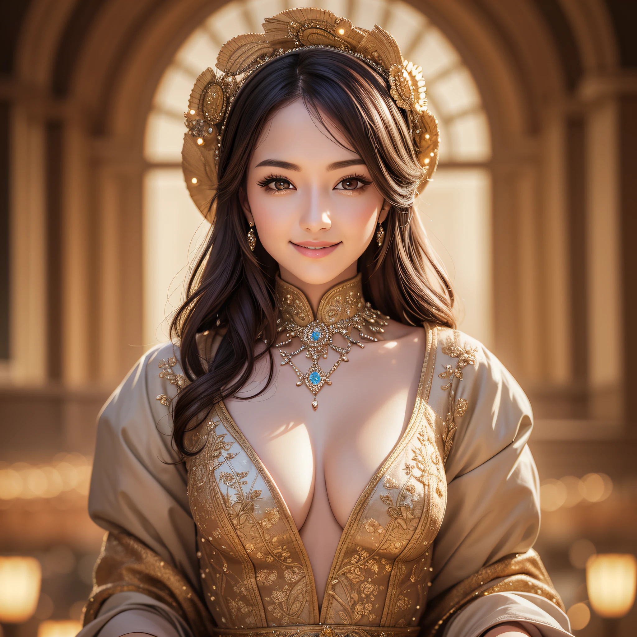 very beautiful 1 woman is looking at us in light clothes and is smiling happily, masterpiece, photo reality, beautiful design, (highest quality) (detail) (detail) (8k) (HDR) (wallpaper) (movie lighting) (sharp focus),