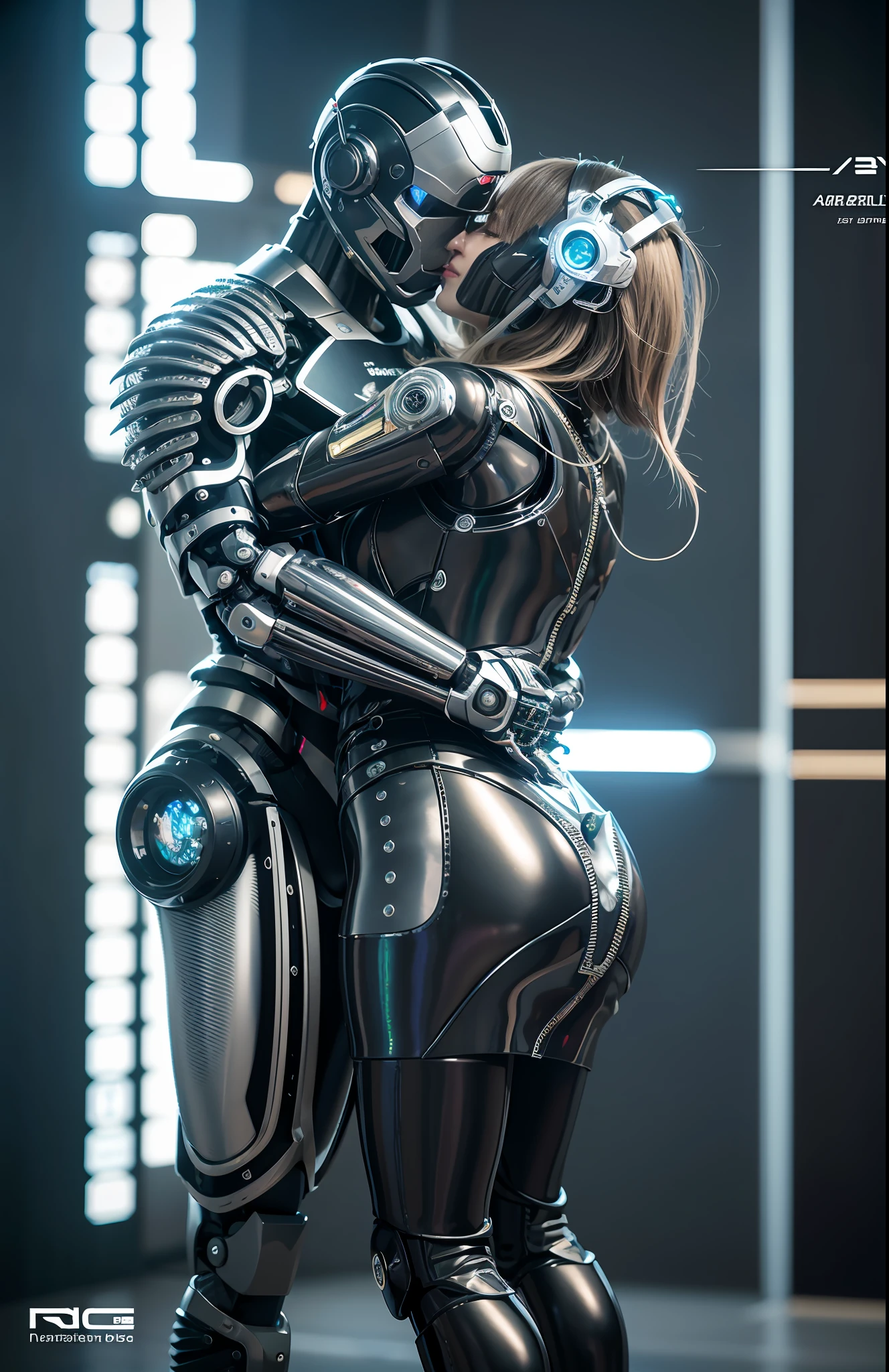 A burly male robot and a real realistic 25 year old woman in short skirt passionately lingering hugging and kissing, complex 3d rendering very detailed beautiful ceramic silhouette female robot face, robot, robot parts, 150mm, beautiful studio soft light, edge light, vibrant details, luxurious cyberpunk, lace, surrealism, anatomy, facial muscles, cable wire, microchip, elegant, beautiful background, octane rendering, HR Giger style, 8k, best quality, masterpiece, illustration, very refined and beautiful, very detailed, CG, unified, wallpaper, (realism, fidelity: 1.37), amazing, fine detail, masterpiece, best quality, full body,