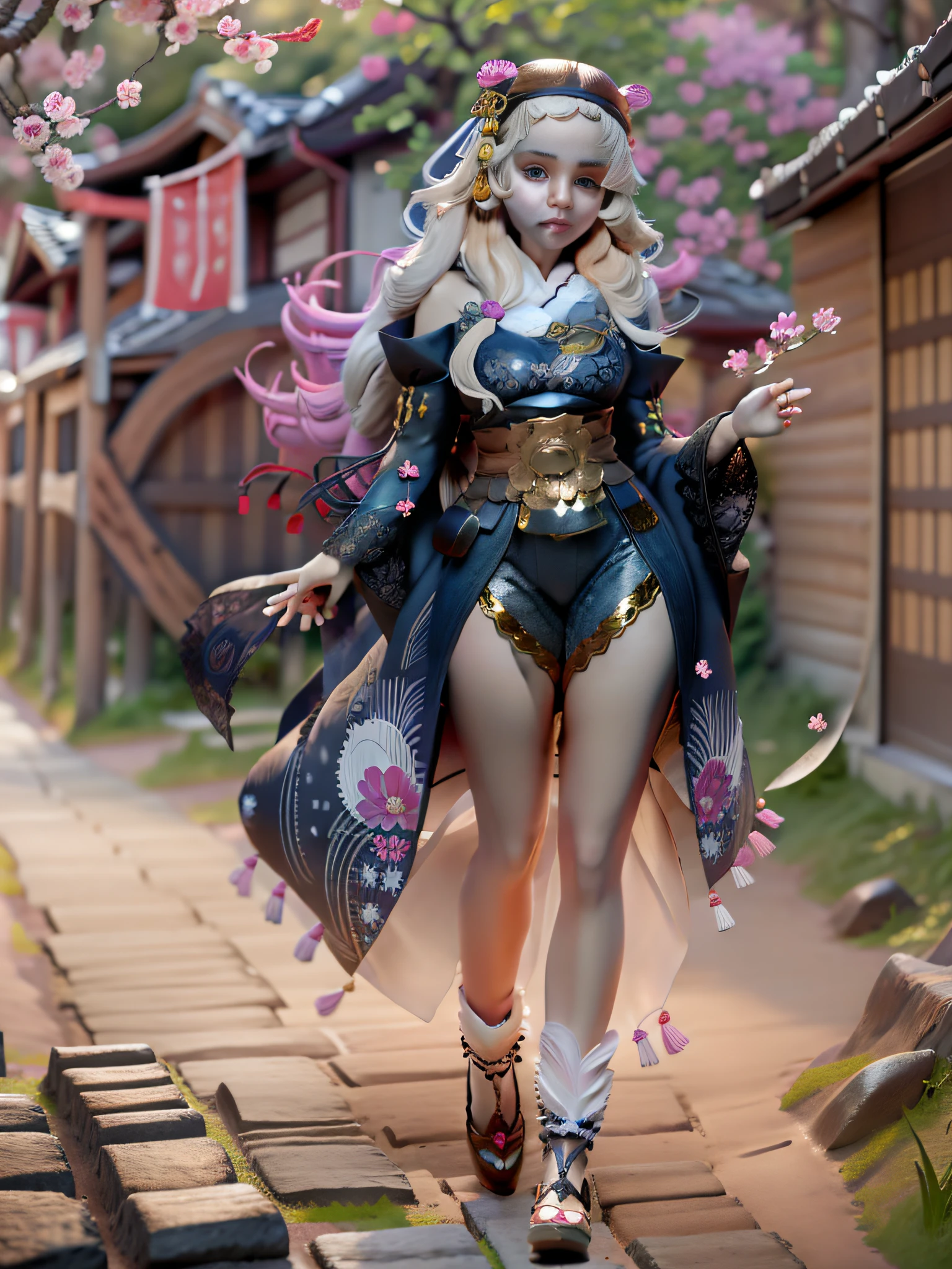 full body,full shot,sfw,russian goddess princess girl in the image of a geisha with big bright blue eyes and long fluffy eyelashes Nordic type with a perfect graceful figure and very long and fluffy wavy hair of bright wheat colour stands in full growth on the alley against the background of blooming Japanese pink sakura in Japanese kimono colour bright navy blue and Japanese shoes gane colour bright navy blue, Girl's lace kimono with intricate patterns with frank cutouts ultra short frankly sexy, Small breasts with protruding are viewable through the fabric and in the girl's ears are beautiful long delicate ear-rings with precious sapphires that shimmer and sparkle in the light The ground on which the girl stands is lavishly strewn with cherry petals, the scene is highly artistic, high resolution, sharp focus, artistic style Migjorni-V5, hyperphotorealism, perfect proportions, golden ratio photo, flare, outline, sunlight, soft glow, soft focus, photography style soft focus through a Monocle lens.