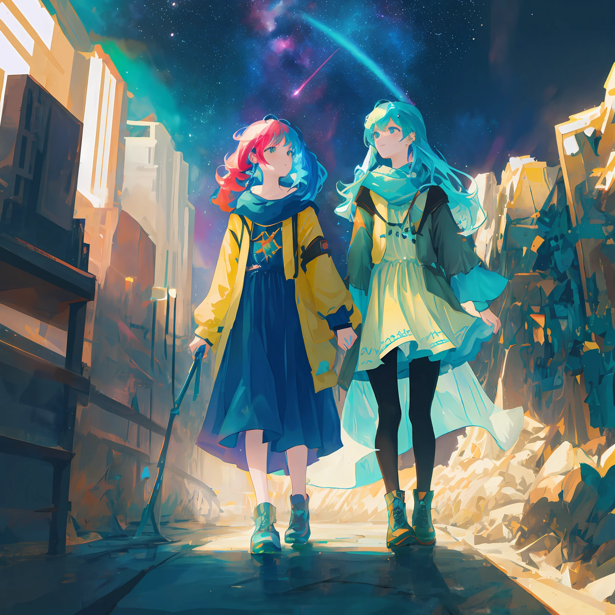 a group of women with rainbow colored hair and teal dress armor, cosmic nebula stars sky background