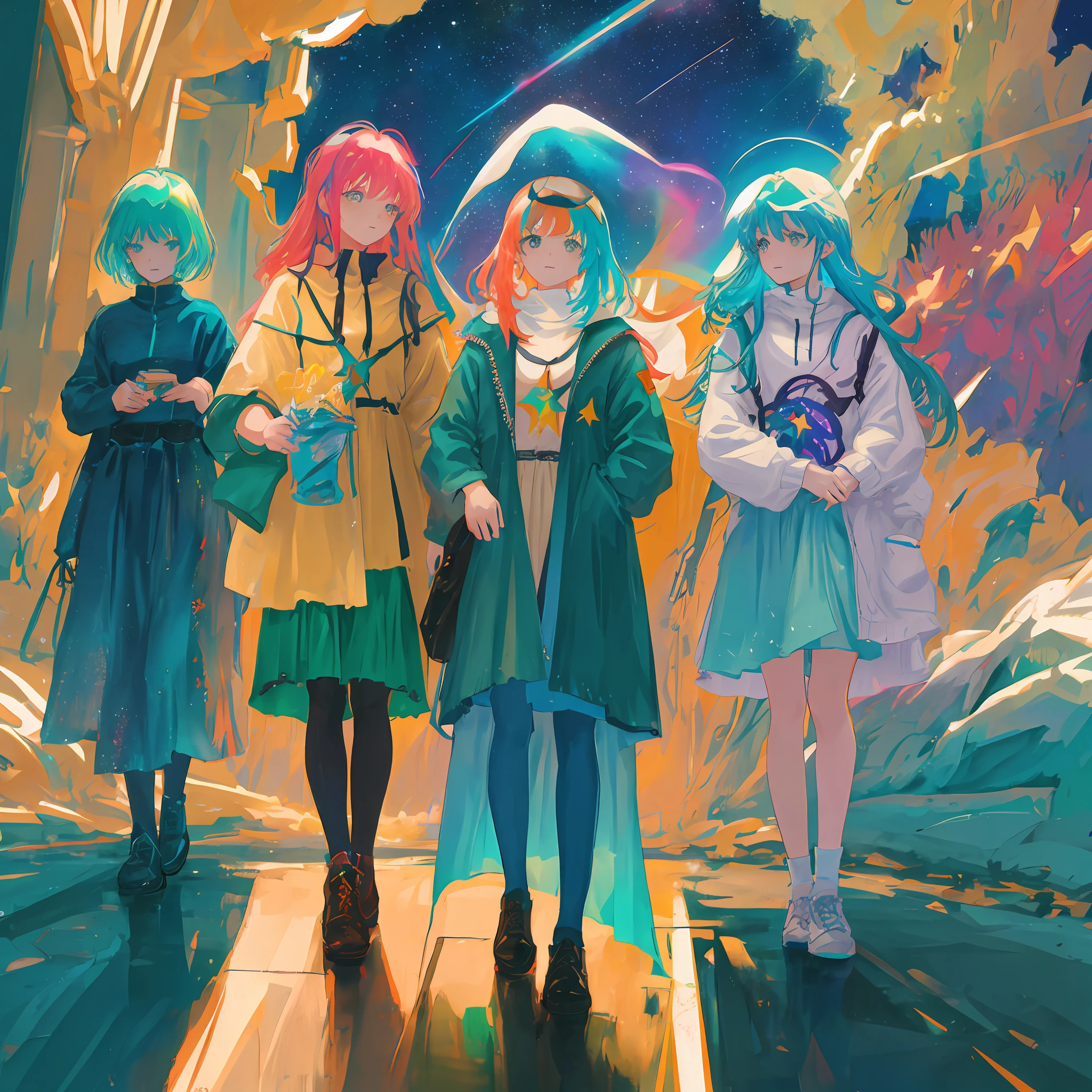 a group of women with rainbow colored hair and teal dress armor, cosmic nebula stars sky background
