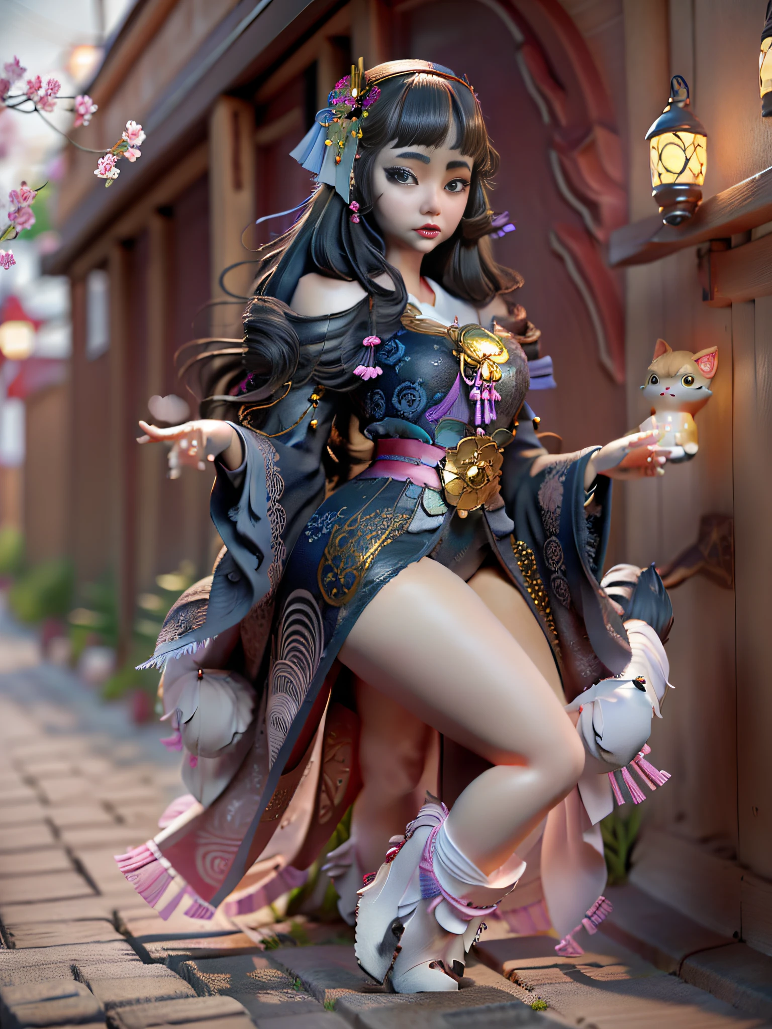 full body,full shot,sfw,russian goddess princess girl in the image of a geisha with big bright blue eyes and long fluffy eyelashes Nordic type with a perfect graceful figure and very long and fluffy wavy hair of bright wheat colour stands in full growth on the alley against the background of blooming Japanese pink sakura in Japanese kimono colour bright navy blue and Japanese shoes gane colour bright navy blue, Girl's lace kimono with intricate patterns with frank cutouts ultra short frankly sexy, Small breasts with protruding are viewable through the fabric and in the girl's ears are beautiful long delicate ear-rings with precious sapphires that shimmer and sparkle in the light The ground on which the girl stands is lavishly strewn with cherry petals, the scene is highly artistic, high resolution, sharp focus, artistic style Migjorni-V5, hyperphotorealism, perfect proportions, golden ratio photo, flare, outline, sunlight, soft glow, soft focus, photography style soft focus through a Monocle lens.