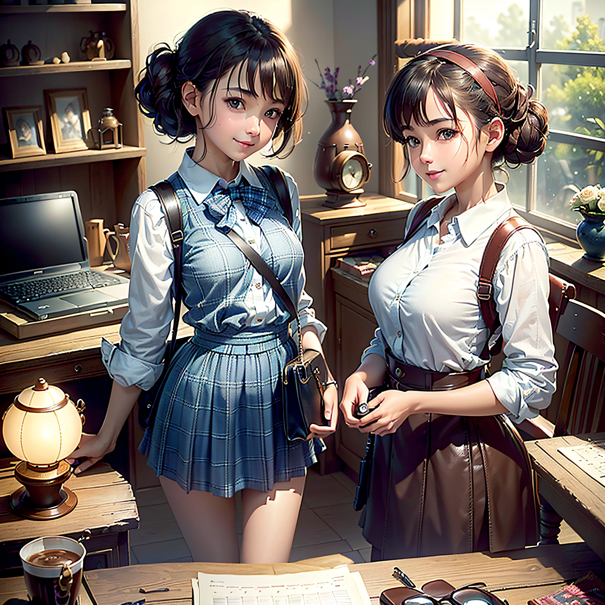 (masterpiece, highest quality, highest resolution, distinct_image, very elaborate CG, cinematic lighting, ray tracing, drop shadows, detailed detail, (photorealistic: 1.4), high quality textures, fine-grained, realistic face expression): (lone girl, face is Japan, brown short hair, hair tied back, small size breasts, Sparkly eyes, eye level shots, happy smiles, beauty, slim body, holiday, own room, console games, computer, display, keyboard, mouse, dark blue long skirt, white shirt with collar, plaid vest, handgun holder, carrying leather bag on back, long boots, antique radio, coffee, model train, Bookshelves, wooden chairs, pots, fans, paintings, stuffed animals, ties, notebooks, stationery, vases, photo frames, letters, fountain pens, calendars, lamps, cushions, baskets, mirrors in profile, candles, newspapers, sweets, park view outside the window, telephone, fruit, telescope)