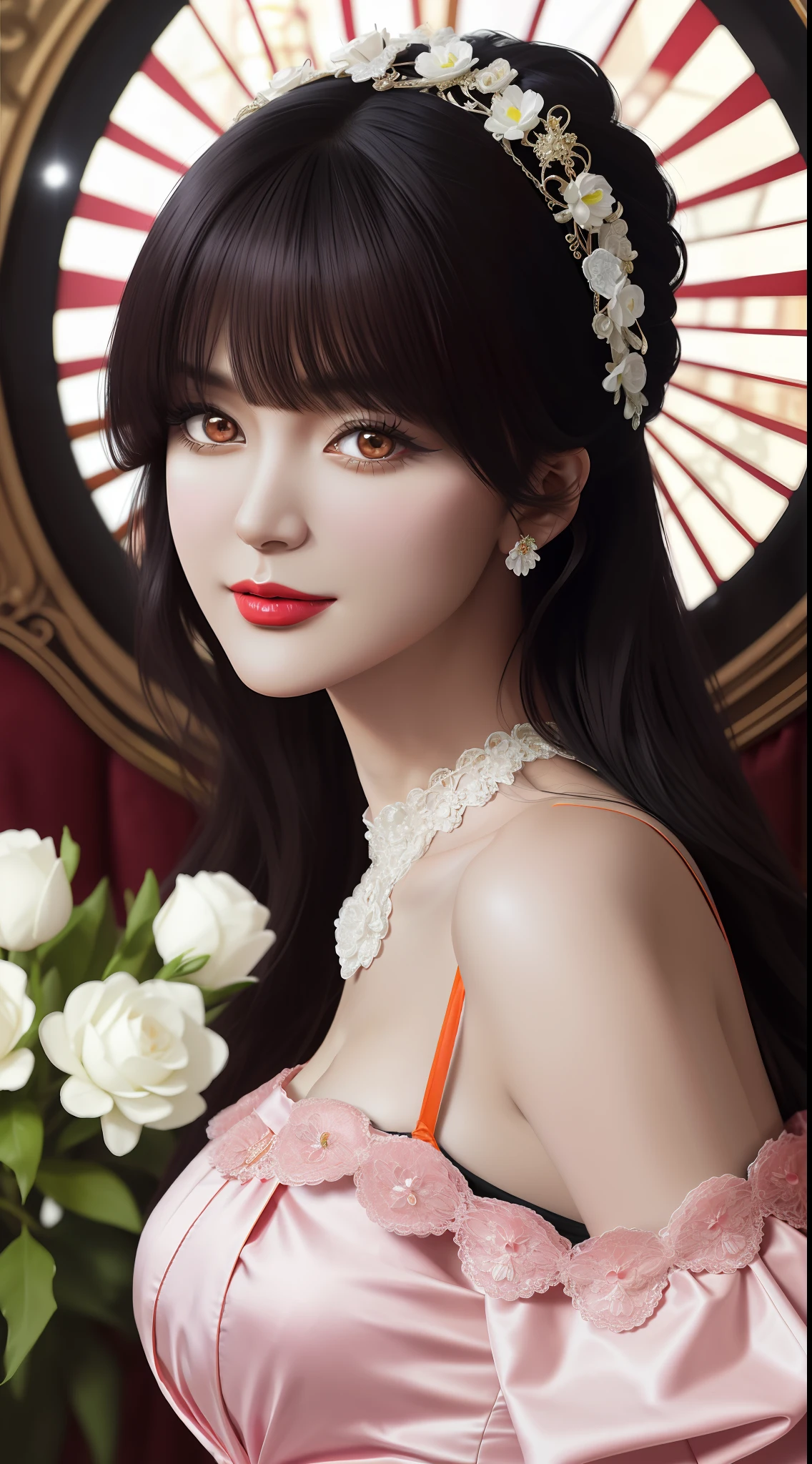 1 beautiful mature girl, looking at viewer, upper body, realistic,real girl, gentle girl, Girly, smooth pink and white skin, Front bangs, large breasts and round, excessively frilled princess dress, draped clothes, flawless face, jewelry, high nose, ornament, flower, lace trim, beautiful big and round orange eyes, sharp eyebrows, very sharp and detailed peacock eyelashes and makeup,orange red lipstick, Smile without opening your lips, long silky black hair and jewelry clips, masterpiece, best quality, 8k, detailed skin texture, detailed cloth texture, beautiful detailed face, intricate details, ultra detailed, rim lighting, side lighting, cinematic light, ultra high res, 8k uhd, film grain,best shadow, delicate, RAW photo, detailed and clear images, extremely sharp images,