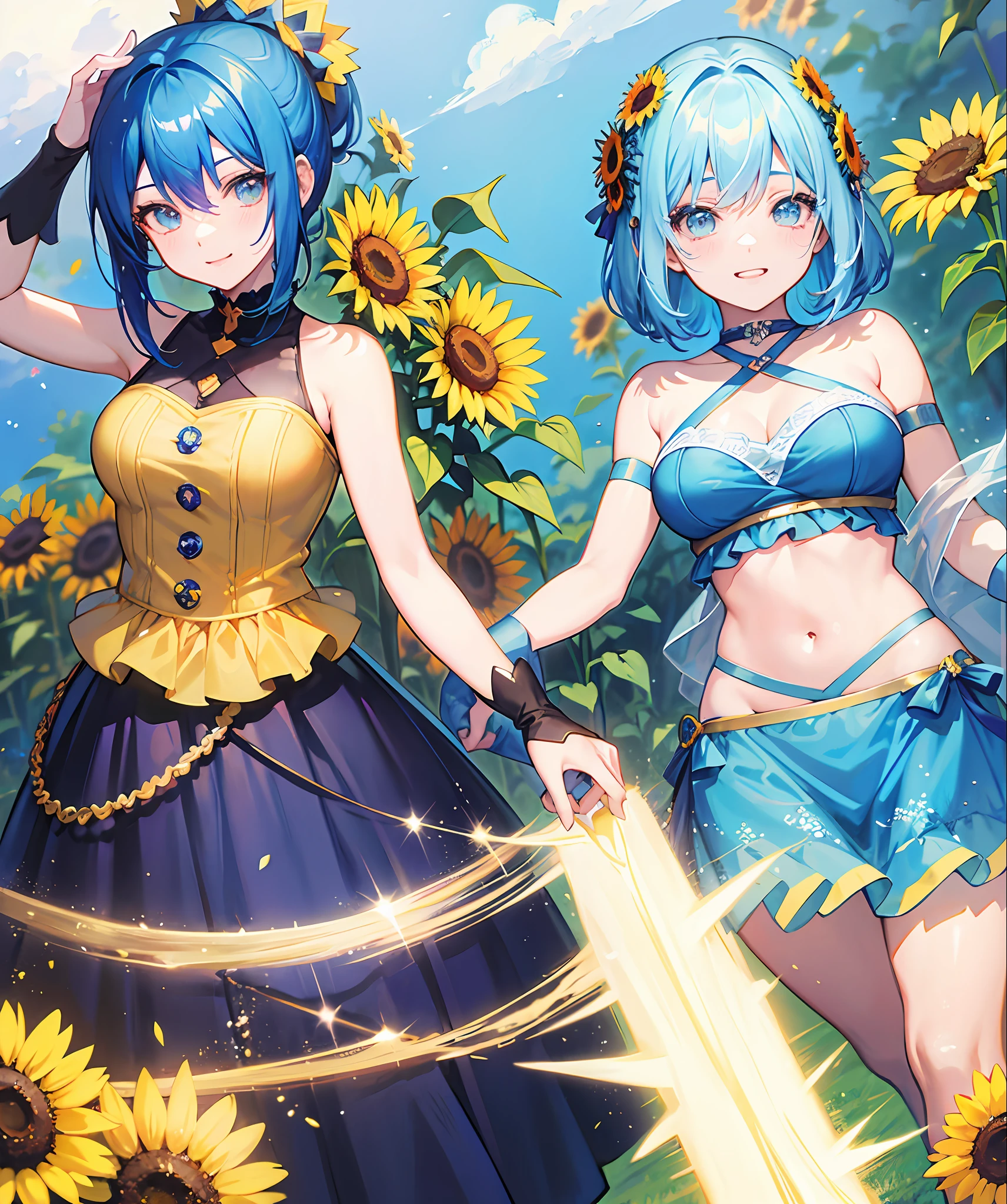 Anime girl with blue hair and sunflower, beautiful sunflower anime girl, high quality anime art style, beautiful anime art style, beautiful anime portrait, super high resolution, sweet smile, anime art style, by Anime Artist Studio Production, kawaii reali...