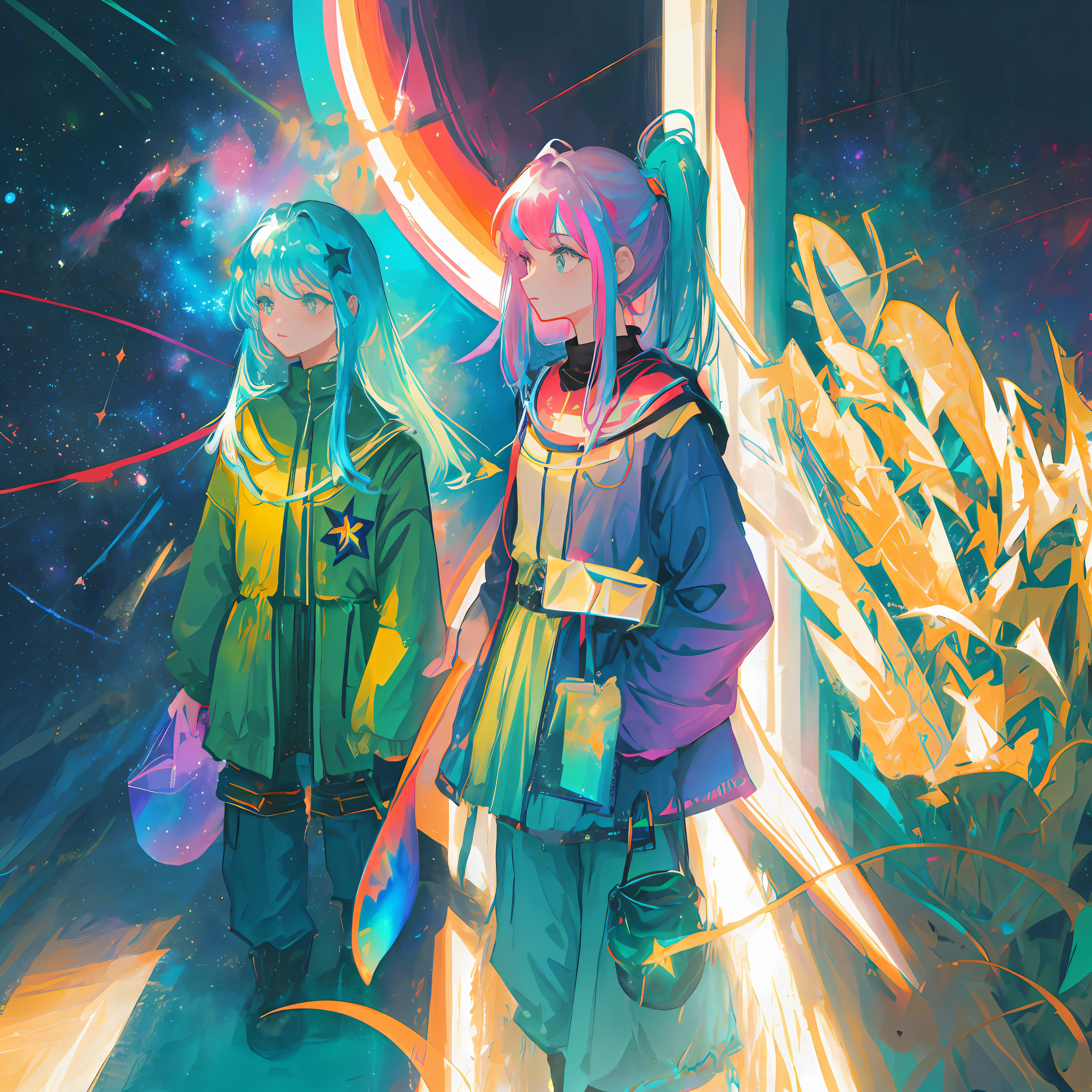 a group of women with rainbow colored hair and teal dress armor, cosmic nebula stars sky background