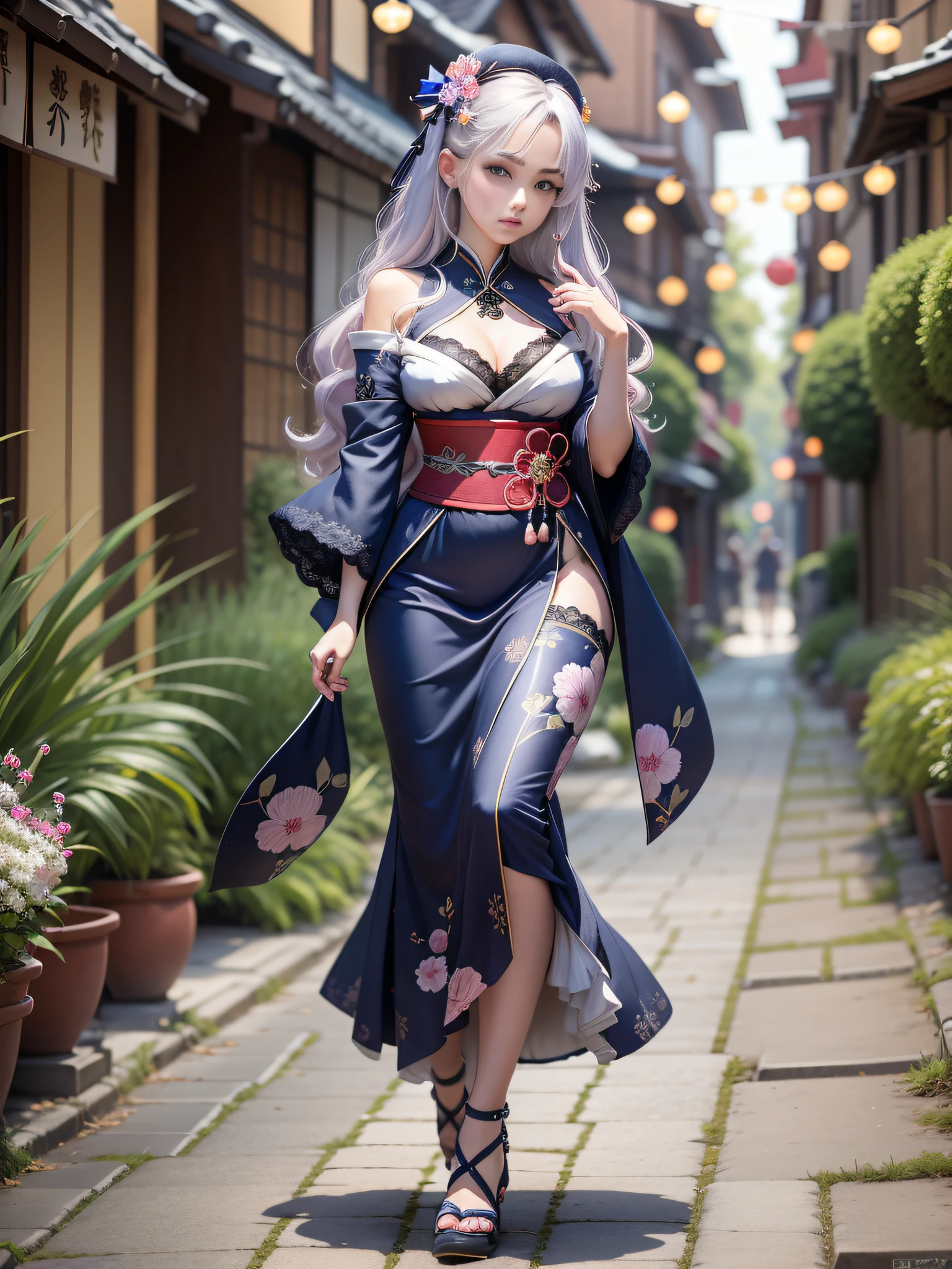 full body,full shot,sfw,russian goddess princess girl in the image of a geisha with big bright blue eyes and long fluffy eyelashes Nordic type with a perfect graceful figure and very long and fluffy wavy hair of bright wheat colour stands in full growth on the alley against the background of blooming Japanese pink sakura in Japanese kimono colour bright navy blue and Japanese shoes gane colour bright navy blue, Girl's lace kimono with intricate patterns with frank cutouts ultra short frankly sexy, Small breasts with protruding are viewable through the fabric and in the girl's ears are beautiful long delicate ear-rings with precious sapphires that shimmer and sparkle in the light The ground on which the girl stands is lavishly strewn with cherry petals, the scene is highly artistic, high resolution, sharp focus, artistic style Migjorni-V5, hyperphotorealism, perfect proportions, golden ratio photo, flare, outline, sunlight, soft glow, soft focus, photography style soft focus through a Monocle lens.