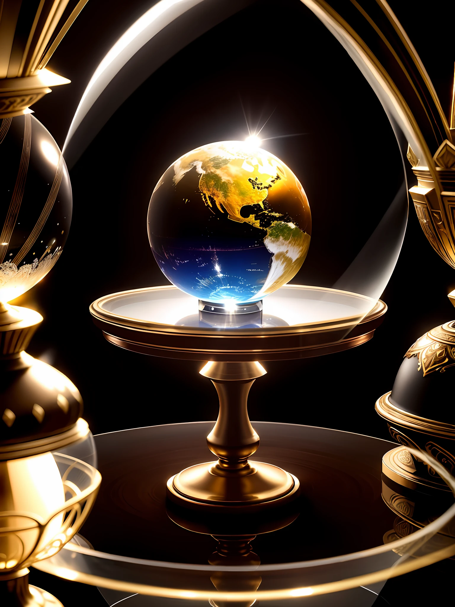 artistic, stunning, mysterious, gorgeous, luxurious, elegant, 16K high resolution, (maximum sharp focus: 1.3), (crystal globe with highest transparency with pedestal: 1.5), (on table: 0.2), (pouring light: 1.2), (maximum close-up: 1.2),