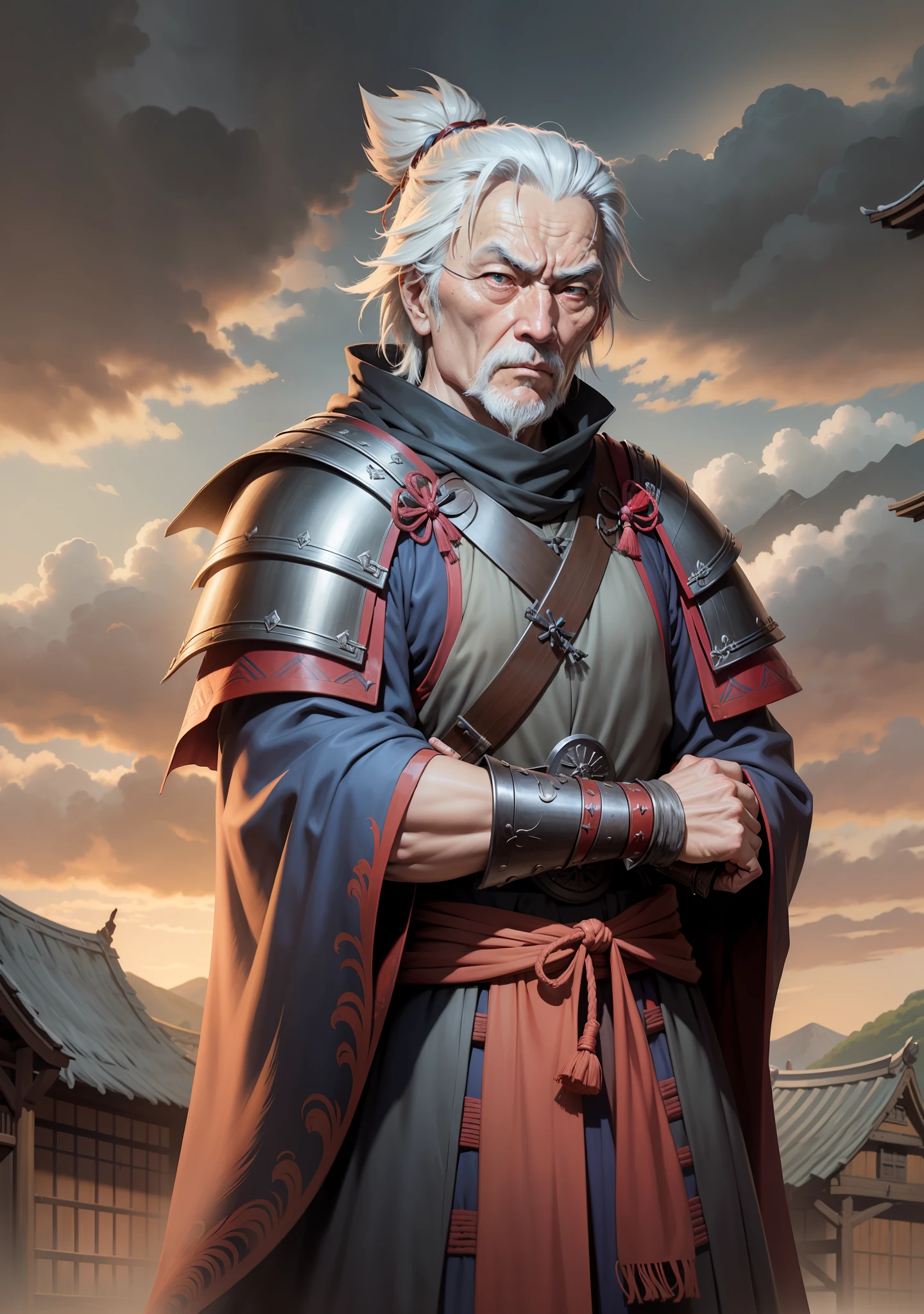medieval RPG style, a blind old samurai man (similar to Musashi Miyamoto), a tired but proud look, a stiff and imposing expression on his face, a small rural village in the background