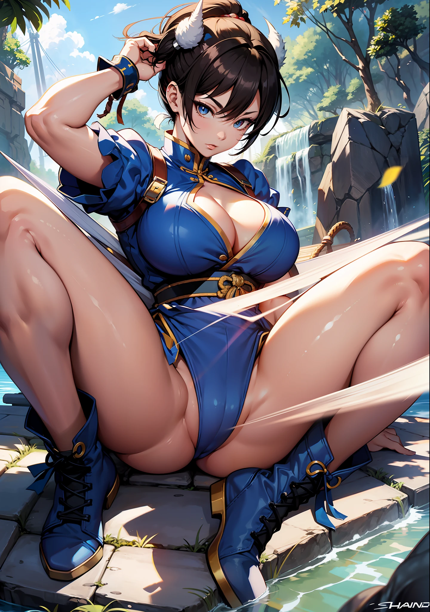 Street Fighter's Chun Li, Very Beautiful Girl, Small Man's Waist with Long Leg Proportions, Longeyelashes, Determined, White High Boots, Best Light and Shadow, Upside View, Capcom Style, Ultra HD, 8K, Real Skin, All Body is Water, Chun Li's Signature Action, Black Stockings, Watery Big Eyes, High Nose Bridge, Small Mouth, Big Breasts, Crotch Width, Chun Li's Classic Clothing, Mature, 30 years old, full body