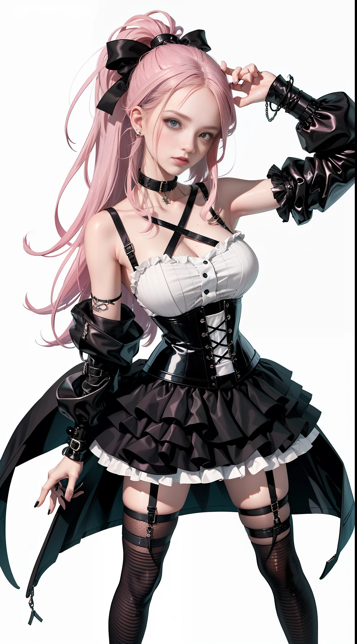 Rubber, black corset, bondage, collar, NSFW, ((best quality, 8k, masterpiece: 1.3))), clear focus: 1.2, (layer cut, large: 1.2), beauty with perfect figure: 1.4, slender abs: 1.2, wet body: 1.5, highly detailed face and skin texture, detailed eyes, double eyelids, long hair, cold white skin pink hair Close-up of three women wearing different outfits on white background, grunge style, grunge aesthetics!!!, grunge aesthetics!!! (, sexy gloomy style, grunge aesthetic, grunge fashion, teen grunge punk rock, Y2K style, y 2 k style, punk style, this set style, gothic style, retro aesthetic, 90s style, retro look, full body, standing