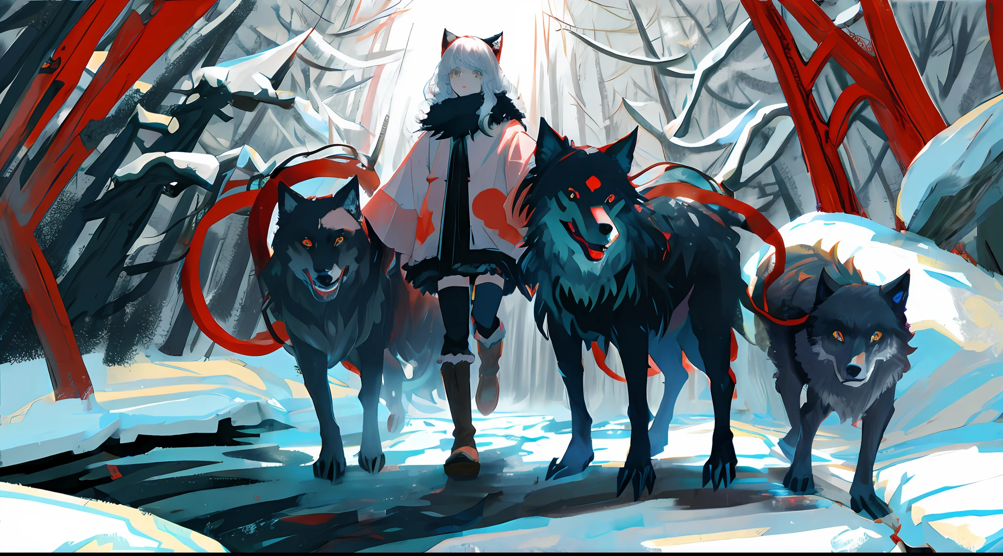 Mononoke hime surrounded by black wolves in a dark forest