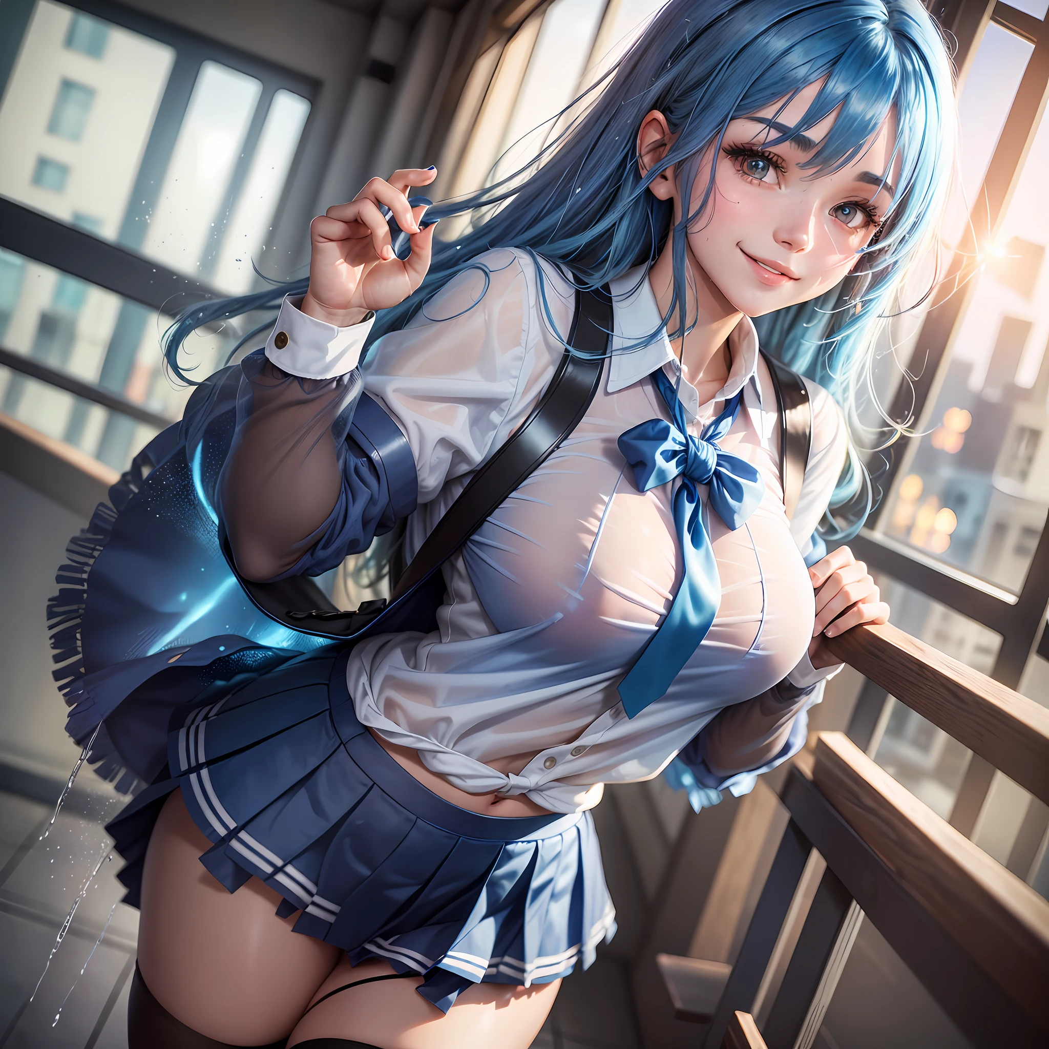 AGMM, 1girl, (Karol G, blue hair, Colored_Skin:1.2), wearing wet see-through school uniform, large breasts, reveal, covered, skirt, thighhighs. inside building, classroom, sunbeams, bokeh, sparkles, evening, smile, sexy smile,