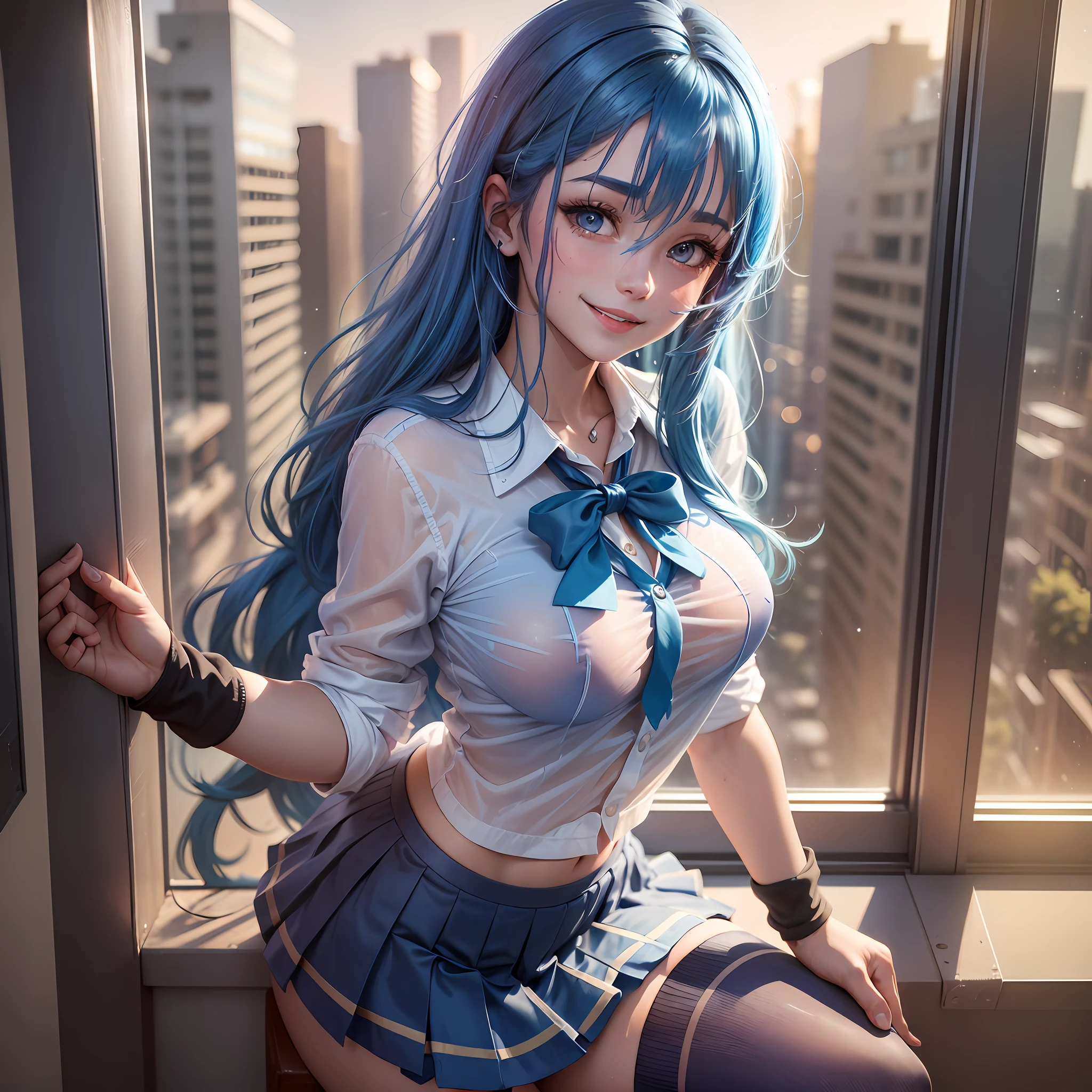 AGMM, 1girl, (Karol G, blue hair, Colored_Skin:1.2), wearing wet see-through school uniform, large breasts, reveal, covered, skirt, thighhighs. inside building, classroom, sunbeams, bokeh, sparkles, evening, smile, sexy smile,