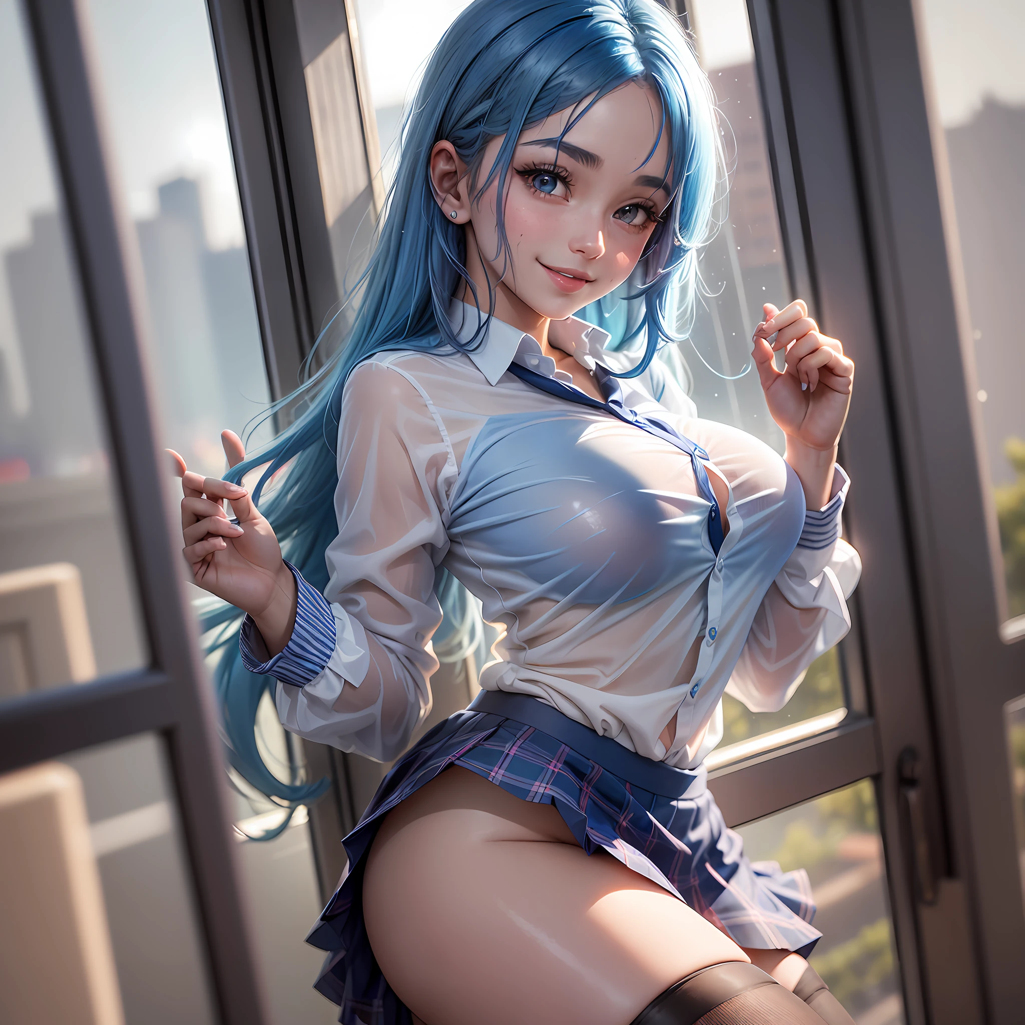 AGMM, 1girl, (Karol G, blue hair, Colored_Skin:1.2), wearing wet see-through school uniform, large breasts, reveal, covered, skirt, thighhighs. inside building, classroom, sunbeams, bokeh, sparkles, evening, smile, sexy smile,