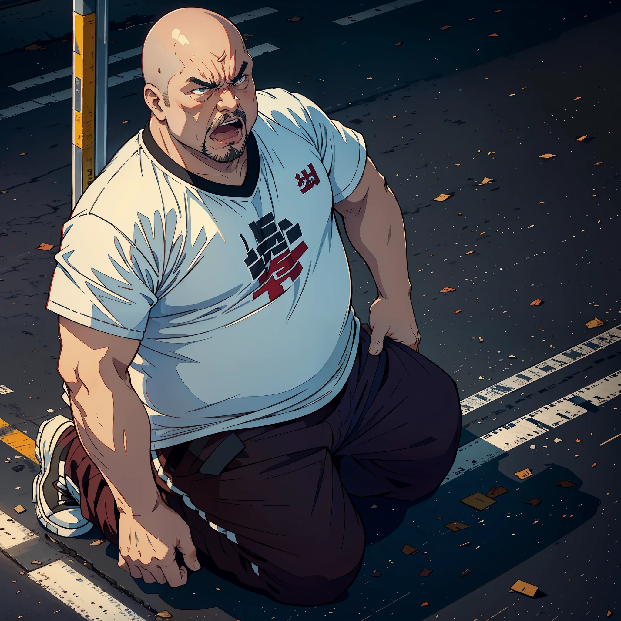 A fat middle-aged man, bald-headed, shirt with various patterns, angry, roaring, kneeling on the ground, on the street