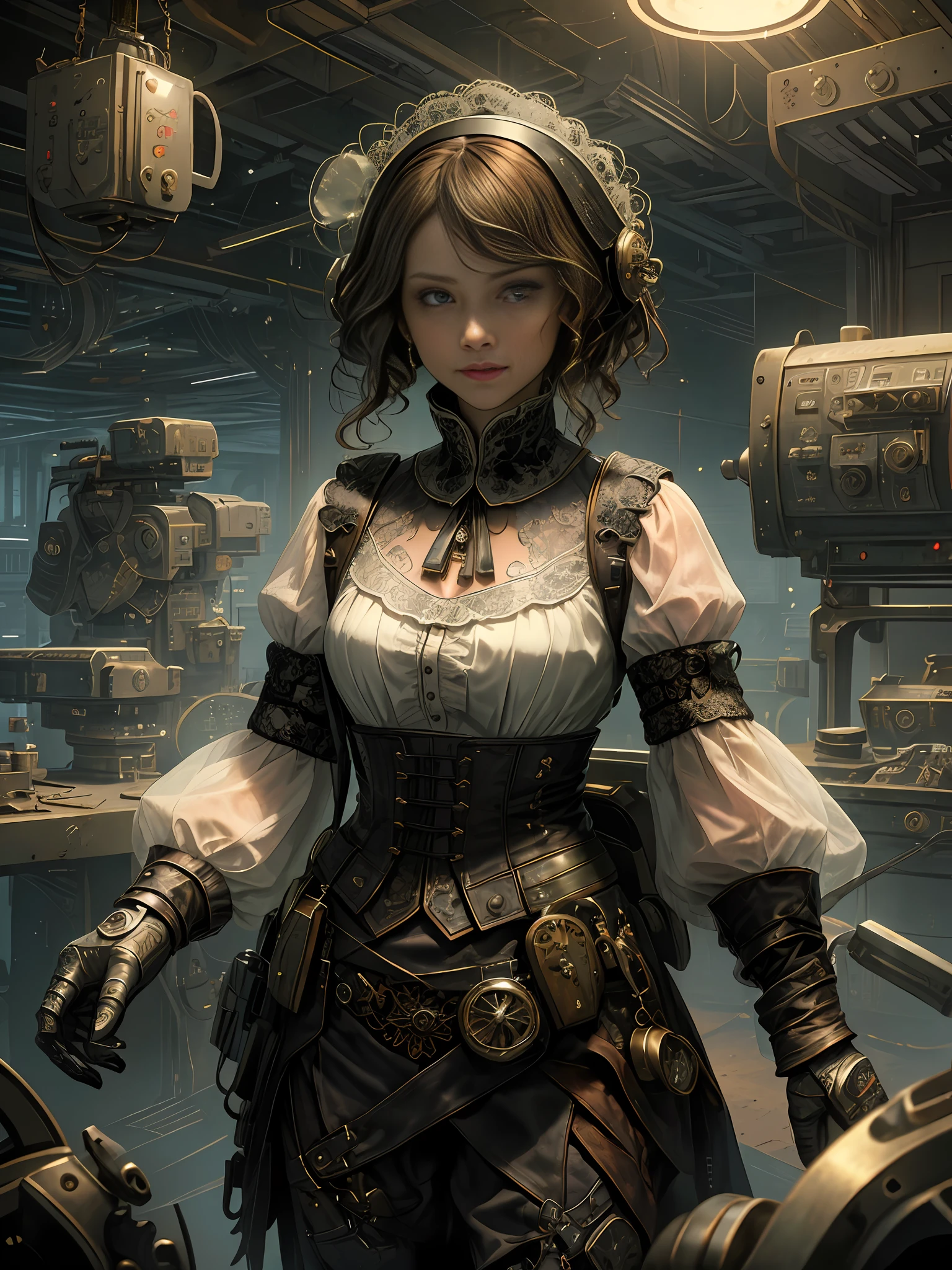 (Realisticity: 1.4), Fine, Quality, (Rembrandt Lighting: 1.3), (Masterpiece: 1.2), (Best Quality), Metallic, (Clothes Detail: 1.3), (Intricate Detail), Brunette Hair, Dramatic, Ray Tracing, Light Pollution, White, Combat, Intense, Dynamic, Angry, (1girl), 18th century European white shirt, Quarters composition, (openwork lace sleeves), (Tyndall effect: 1.2), Anatomically correct, (Sci-Fi, steampunk, gears, steam stoves, boiler, science, laboratory, fog))