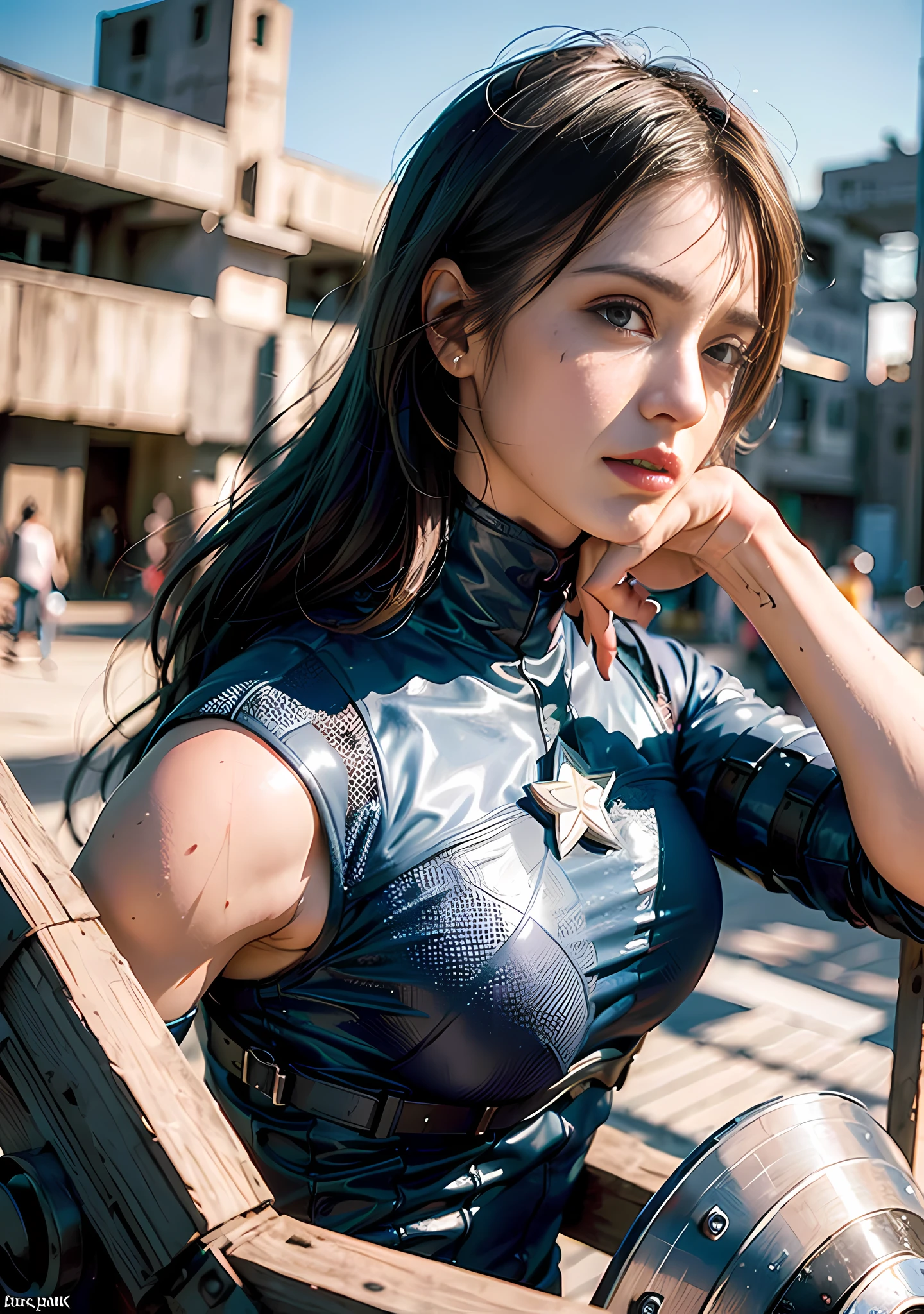 (1girl:1.3), solo, __body-parts__, official art, unified 8k wallpaper, super detailed, beautiful and aesthetic, beautiful, masterpiece, best quality, raw, masterpiece, super fine photo, best quality, super high resolution, photorealistic realism, sunlight, full-body portrait, amazing beauty, dynamic pose, delicate face, vibrant eyes, (from the front), she wears a futuristic Captain America jersey, blue color scheme, (holding a shield), A capital A on chest, very detailed abandoned warehouse background, detailed face, detailed complex busy background, messy, gorgeous, milky white, highly detailed skin, realistic skin details, visible pores, sharp focus, volumetric fog, 8k uhd, DSLR camera, high quality, film grain, fair skin, photo realism, lomography, huge metropolis in future dystopia, seen from below, translucent