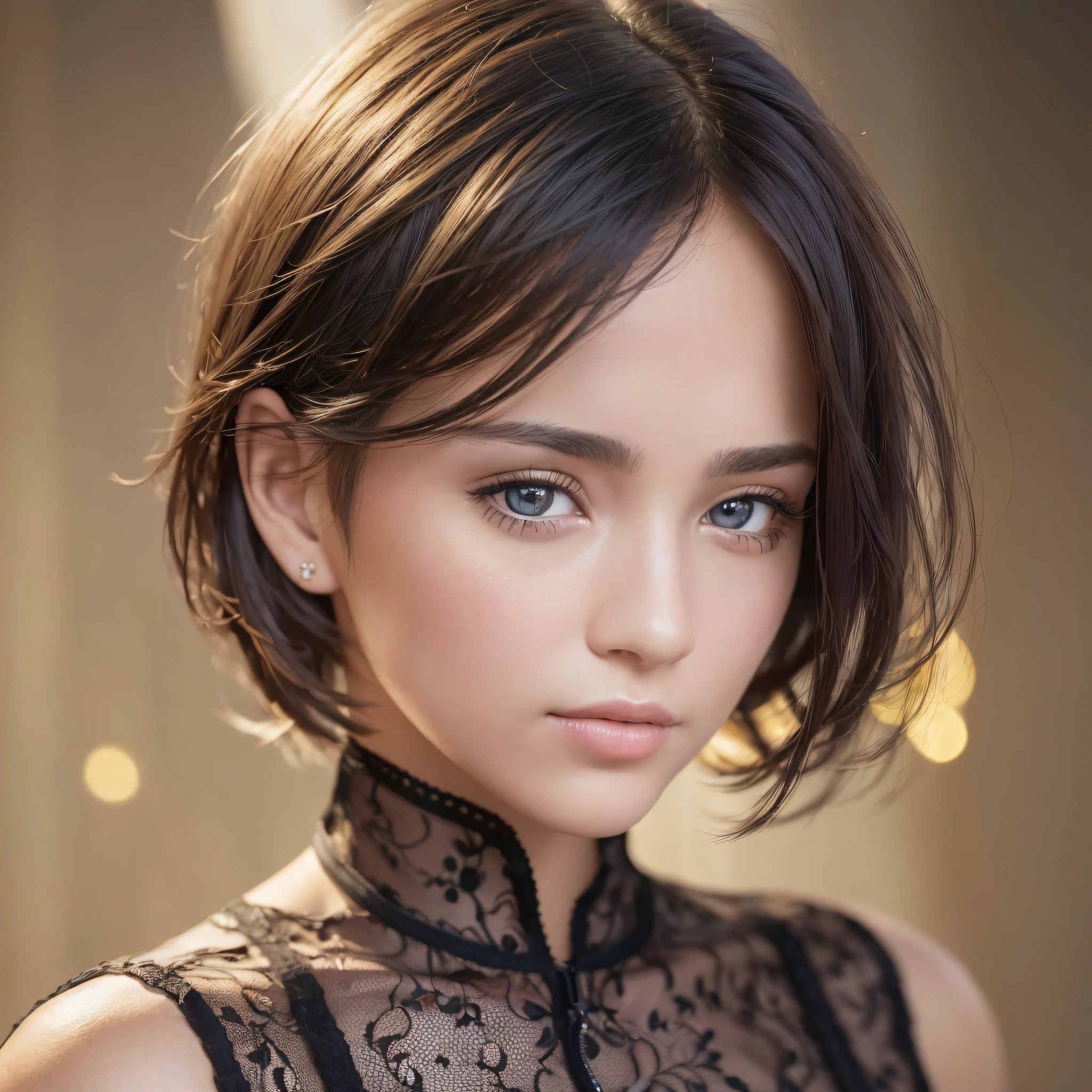 (Masterpiece: 1.3), (8k, Photorealistic, RAW Photo, Best Quality: 1.4), (1girl), Beautiful Face, (Realistic Face), (Black Hair, Short Hair: 1.3), Beautiful Hairstyle, Realistic Eyes, Beautiful Detail Eyes, (Realistic Skin), Beautiful Skin, Absurd, Attractive, Ultra High Resolution, Ultra Realistic, High Definition, Golden Ratio