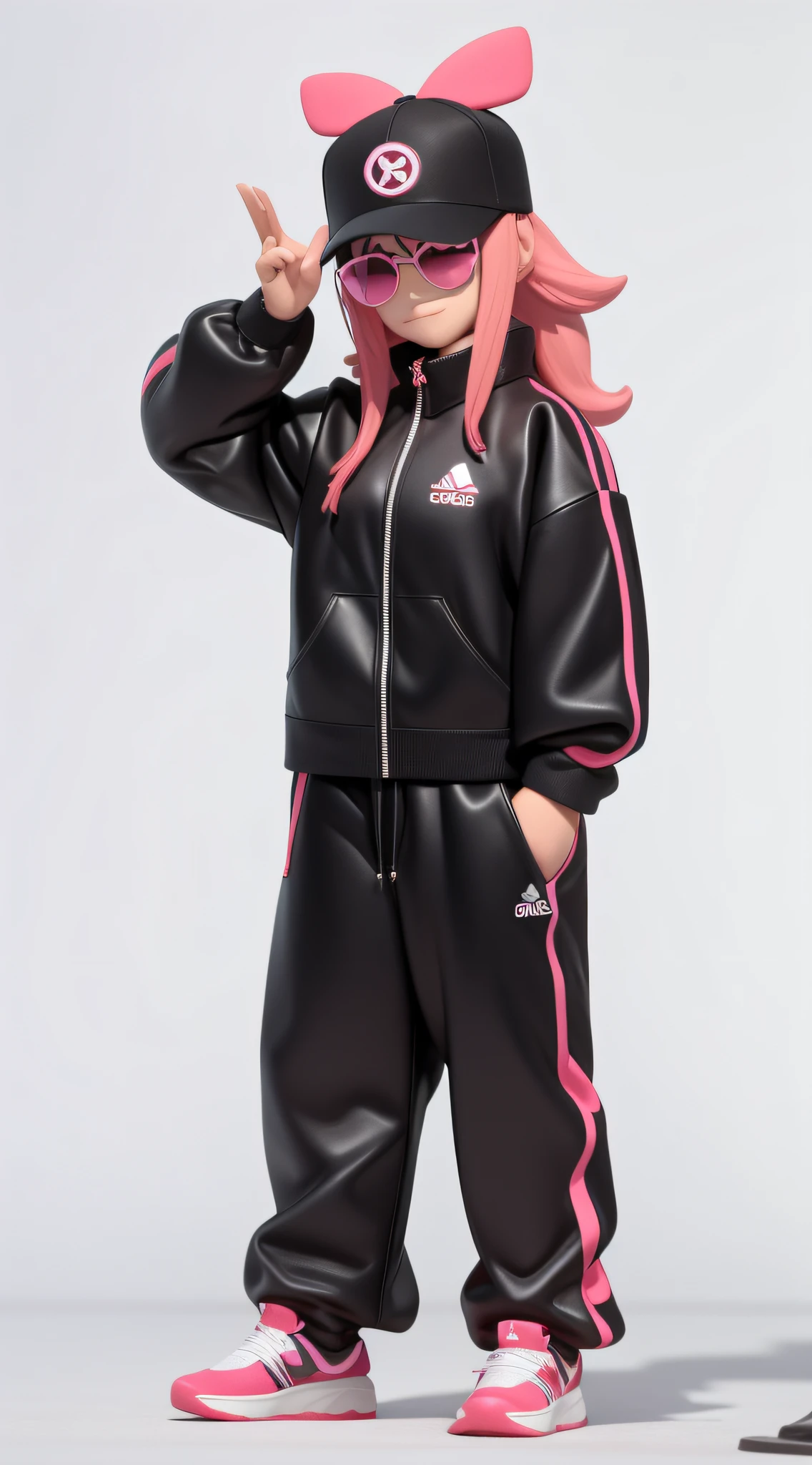 There is a toy character of a woman wearing a baseball cap and sunglasses, a pop-up parade character, (highly detailed character), wearing a tracksuit, anime ninja in a snoop dog, 3D model of a Japanese mascot, full body 1 / 6 Nihei Tsutomu, pink iconic character, man in an Adidas tracksuit