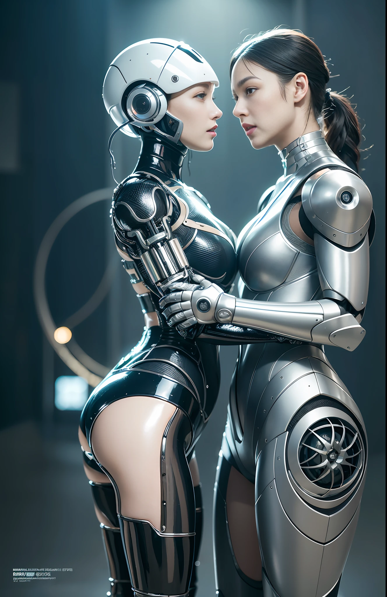 A burly male robot and a real realistic 25 year old woman in short skirt passionately lingering hugging and kissing, complex 3d rendering very detailed beautiful ceramic silhouette female robot face, robot, robot parts, 150mm, beautiful studio soft light, edge light, vibrant details, luxurious cyberpunk, lace, surrealism, anatomy, facial muscles, cable wire, microchip, elegant, beautiful background, octane rendering, HR Giger style, 8k, best quality, masterpiece, illustration, very refined and beautiful, very detailed, CG, unified, wallpaper, (realism, fidelity: 1.37), amazing, fine detail, masterpiece, best quality, full body,