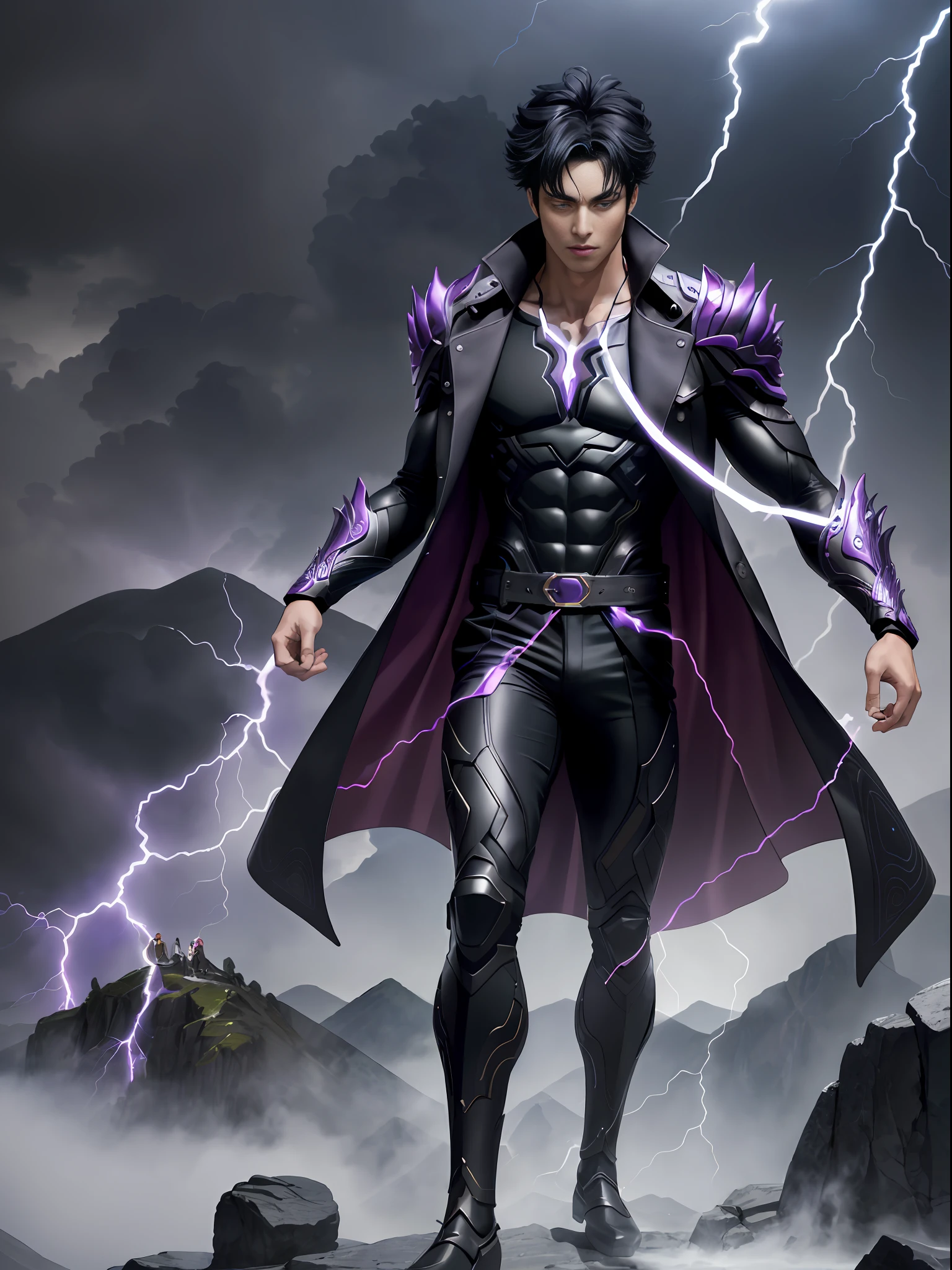 A young man, purple trench coat, perfect face, black trousers, thundering night, mountaintop, purple lightning effects around the man, short black hair, with nine ring items centered on the man's body.

 ，(masterpiece:1.2), best quality, masterpiece, hires, original, extremely detailed wallpaper, perfect lighting, (extremely detailed CG:1.2),Close-up of a person on stage, there are electricity, code veins, epic anime of Energy Man, anime movie screenshots, intricate gorgeous anime CGI style, black purple reflective armor,